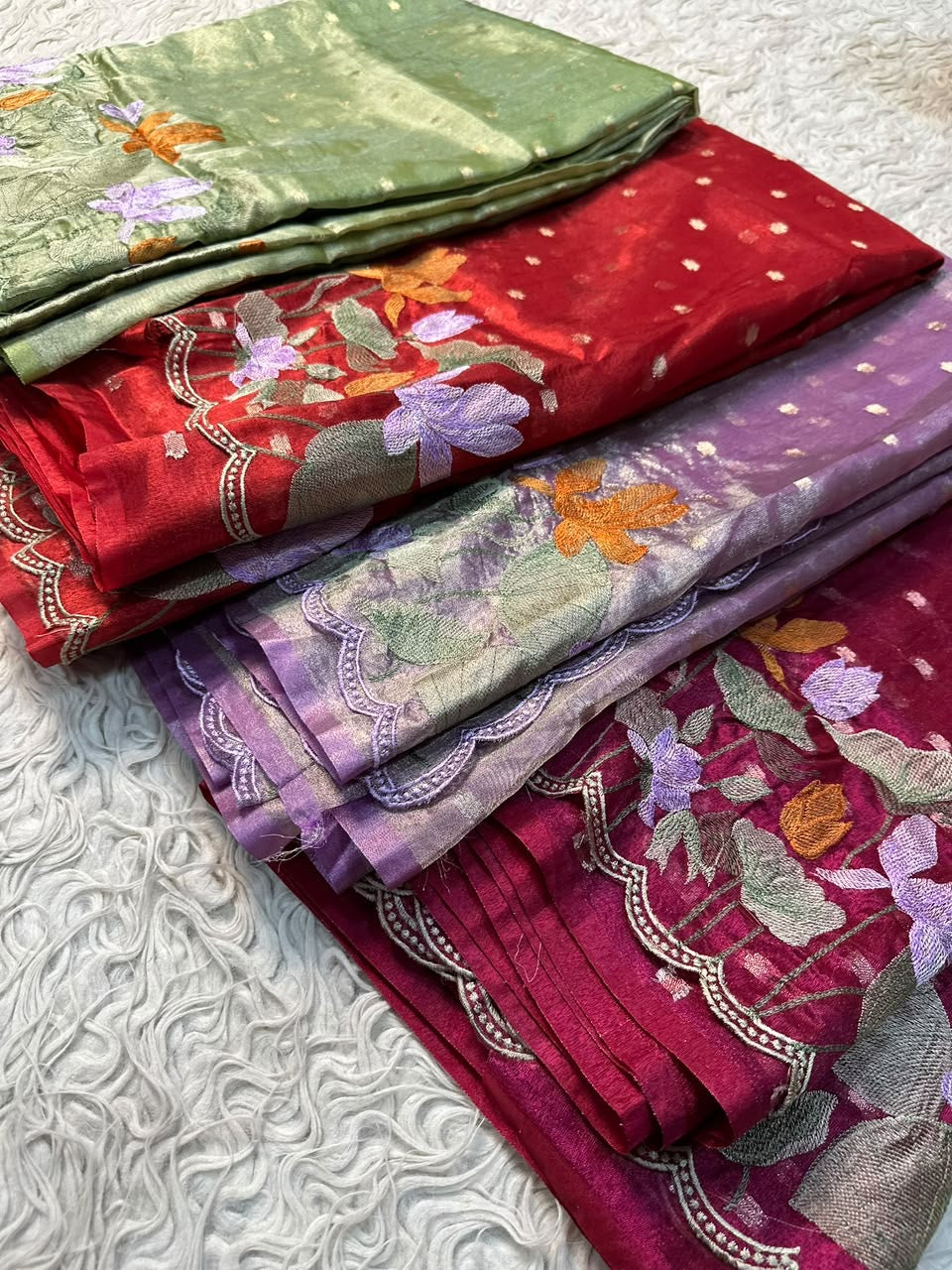 Banaras tissue silk sarees with scalloped applique embroidery