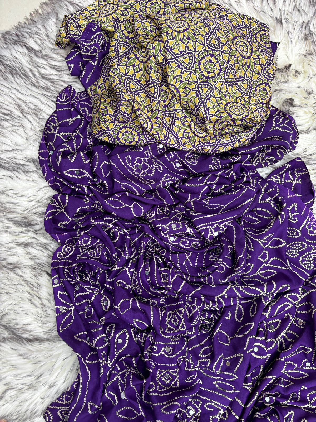 Fancy bandini ajrakh silk sarees with mirrors allover