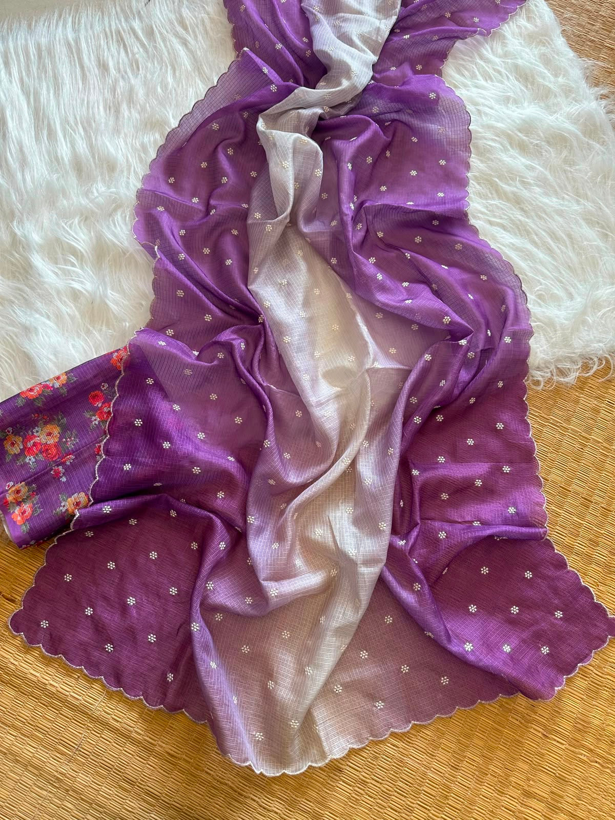 Shaded kota sarees with floral blouse scalloped borders