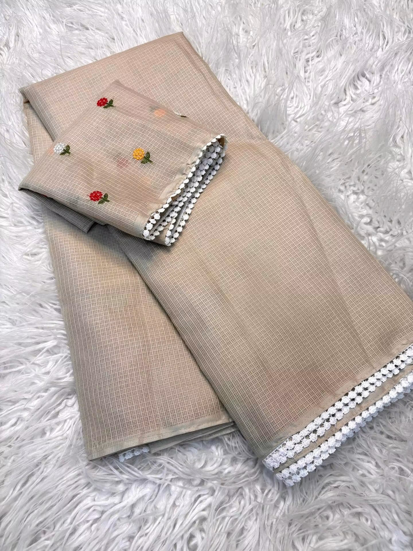 Kota sarees with beautiful scalloped crochet edging and rich embroidery blouse