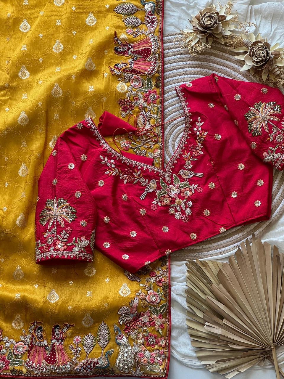 Designed munga silk sarees with intricate embroidery and fully stitched blouse