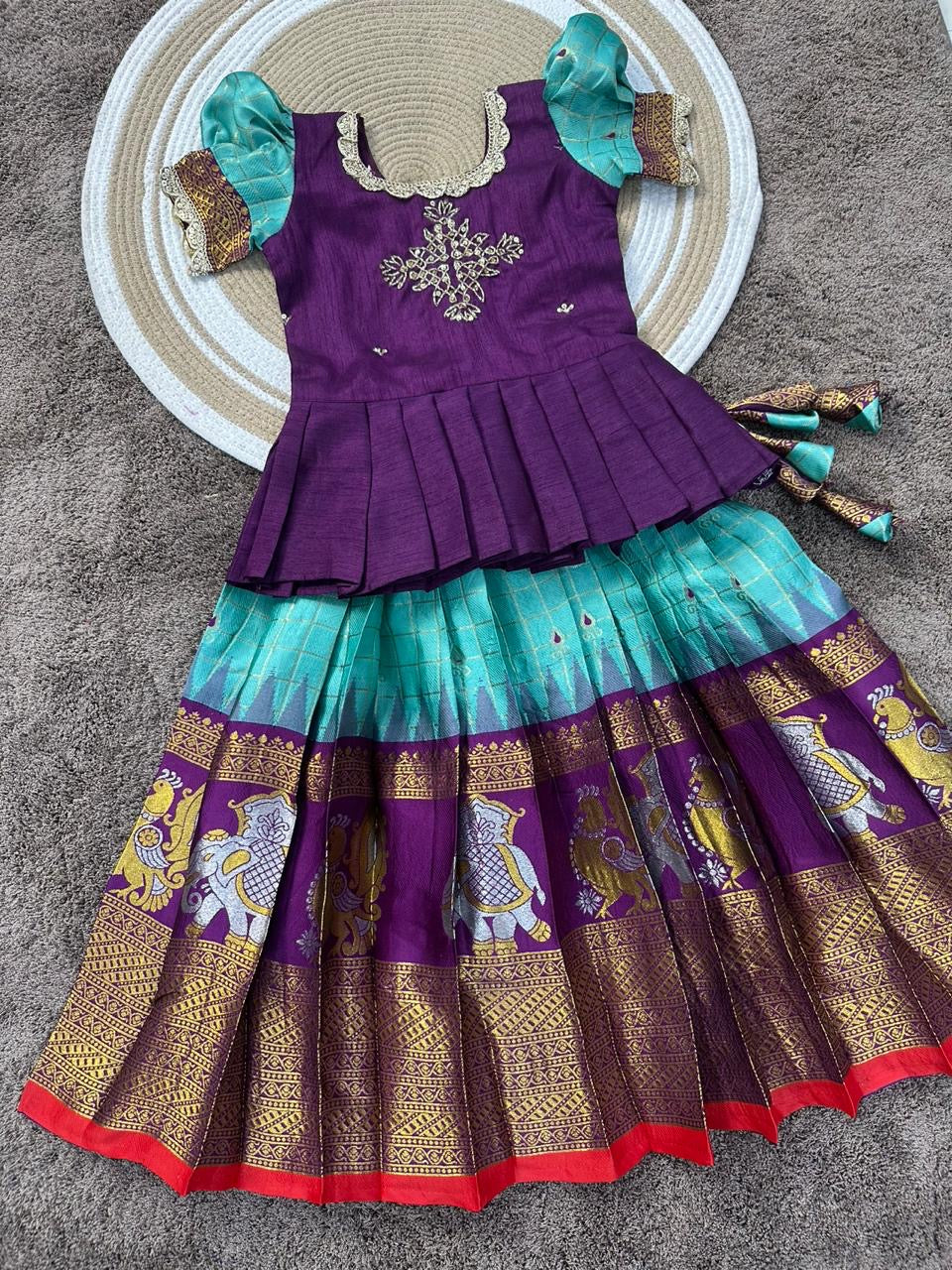 Fancy silk lehanga sets with handwork and fully stitched (1-15 years )