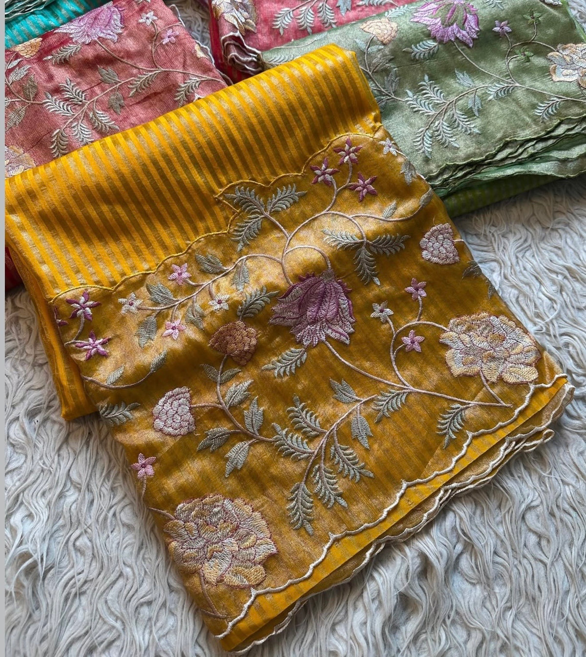 Exclusive banaras tissue stripes sarees with applique scalloped embroidery