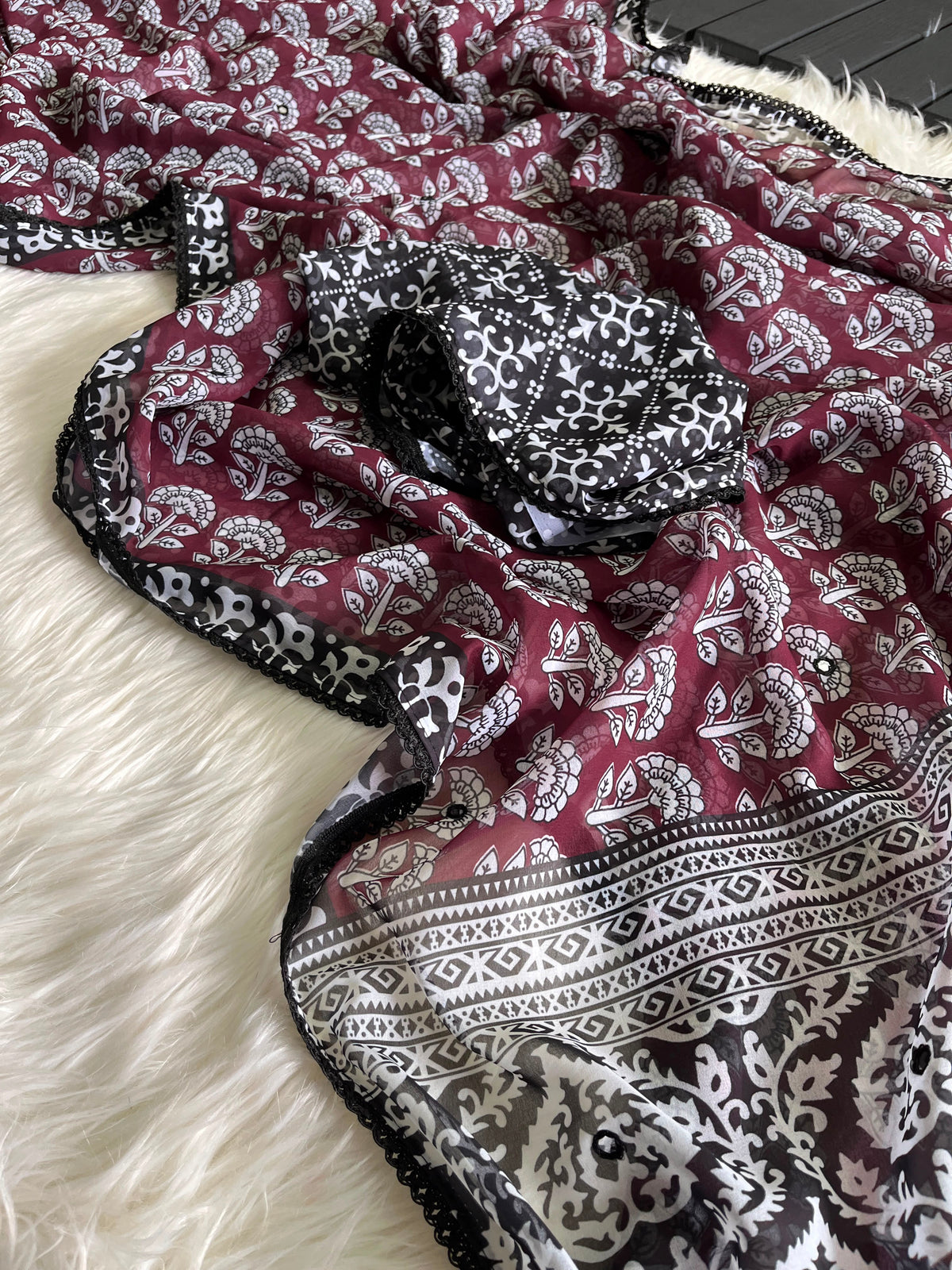 Georgette designer sarees with crochet borders and blouse