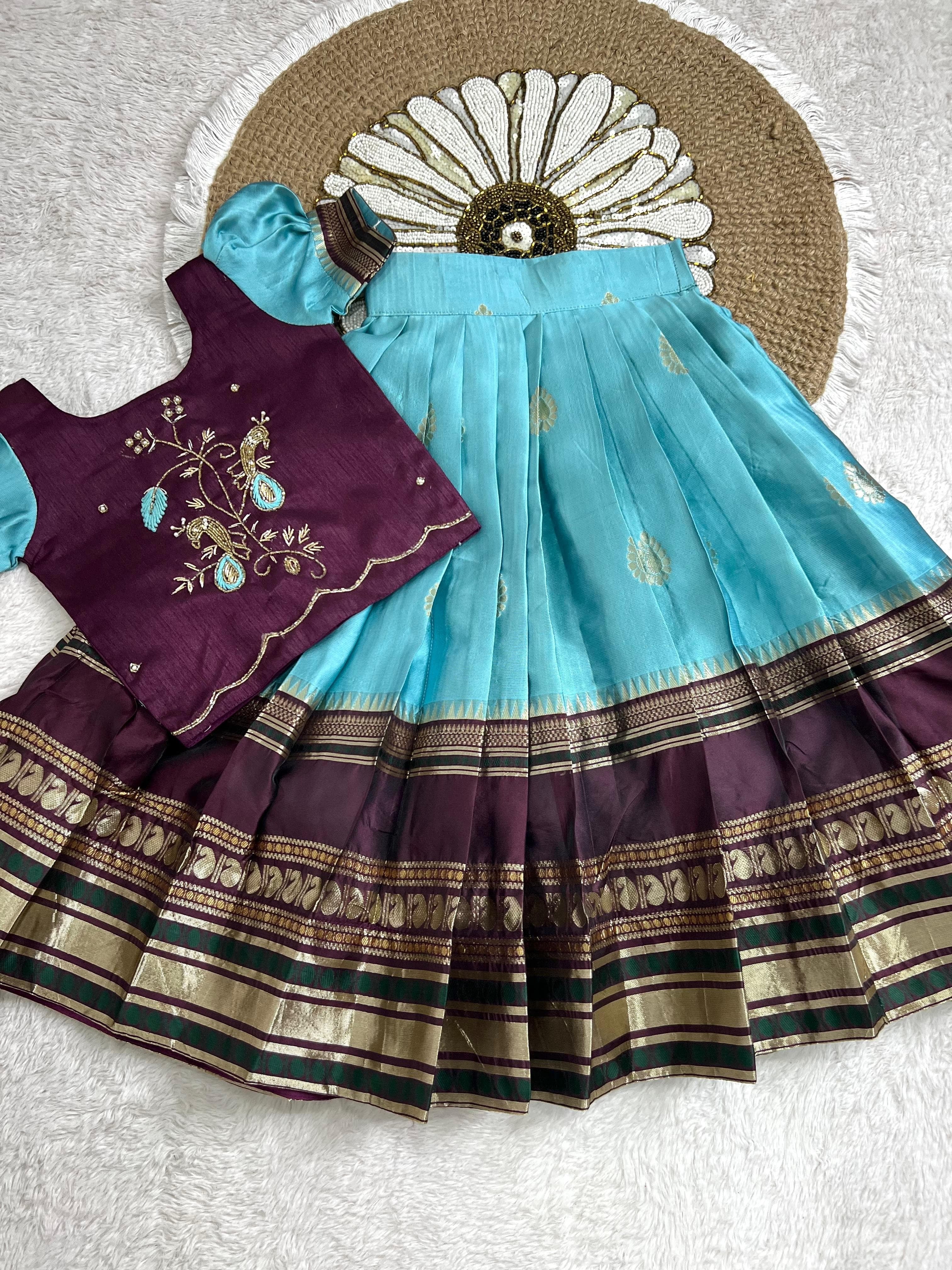 Kids banaras soft silk fully stitched lehangas (1-15 years)