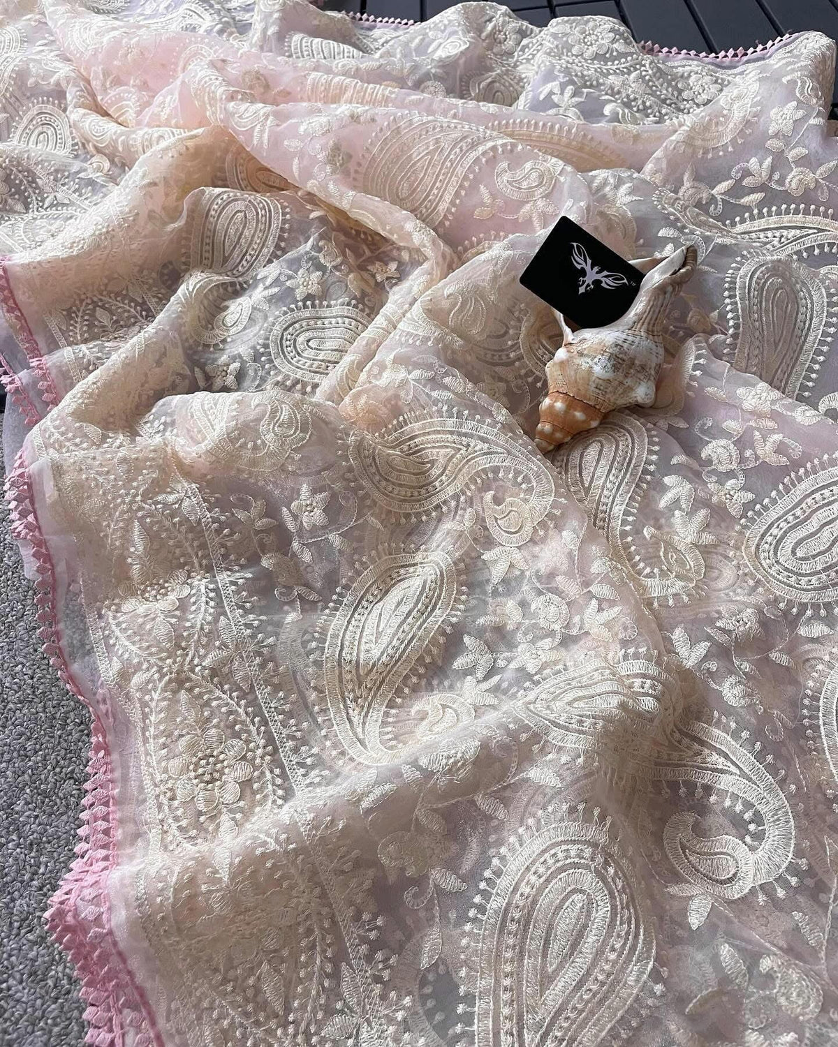 Soft and falling organza chikankari silk saree