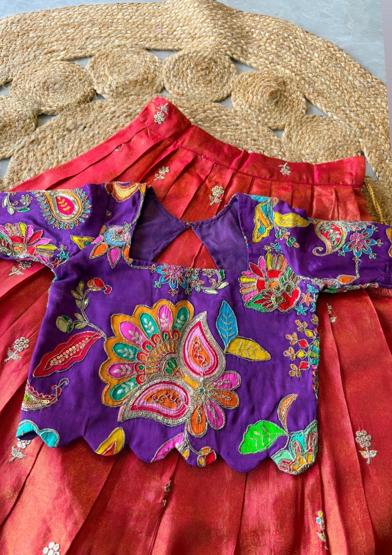 Kids fully stitched tissue silk lehangas with scalloped embroidery and designer blouse (1-16 years )