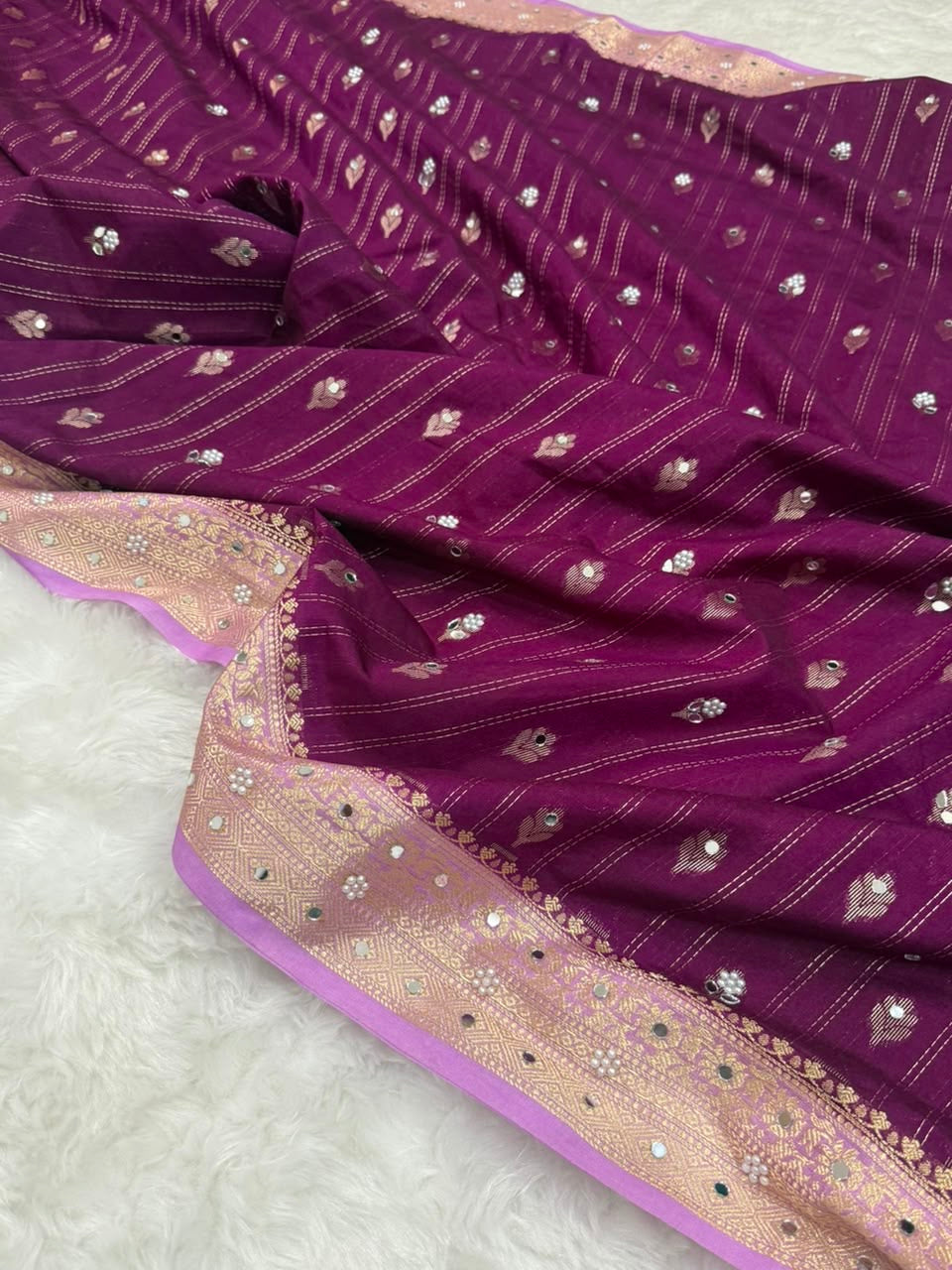 Vintage banaras soft silk sarees with pearl and mirrors designing