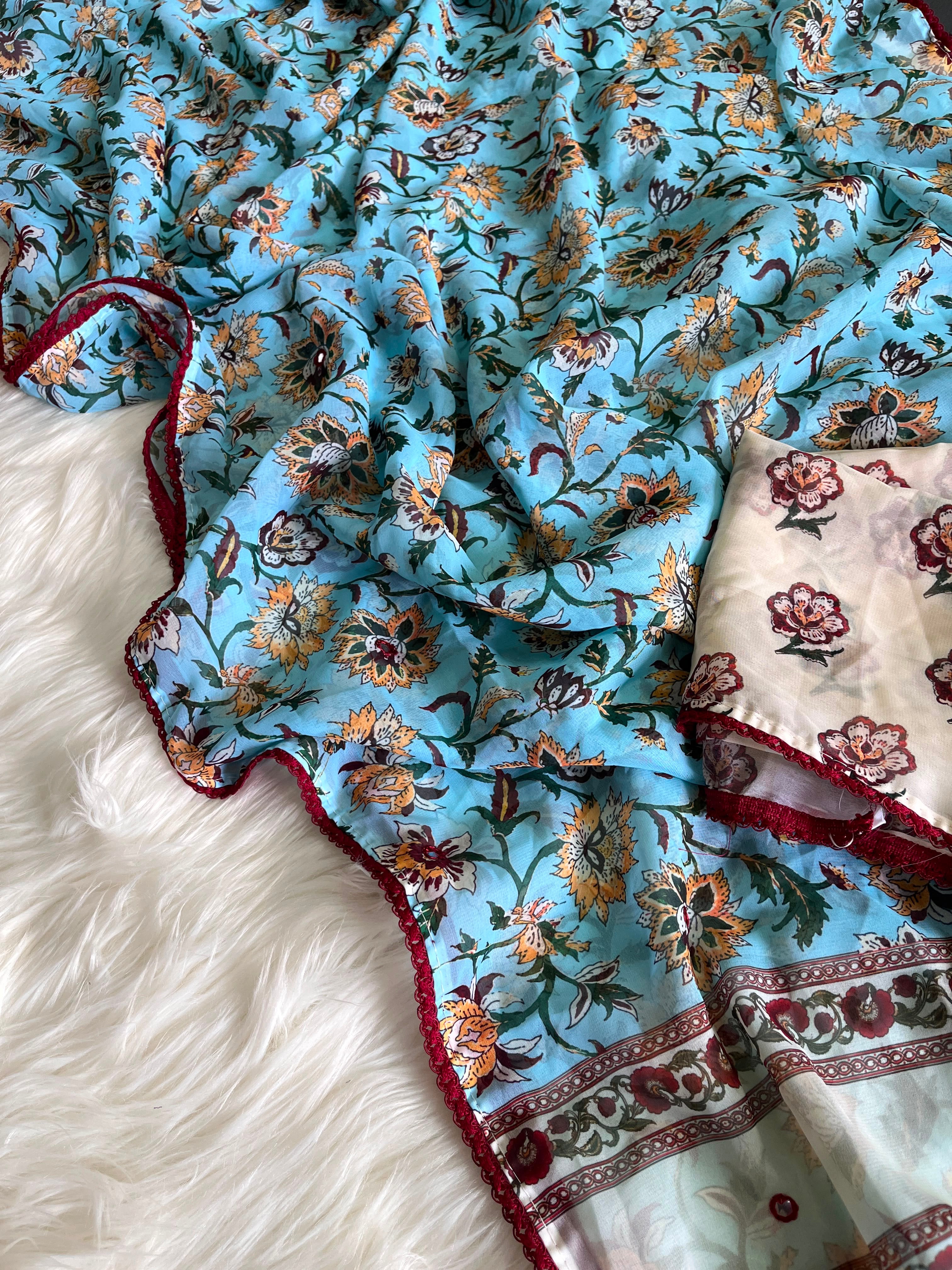 Georgette designer sarees with crochet borders and blouse