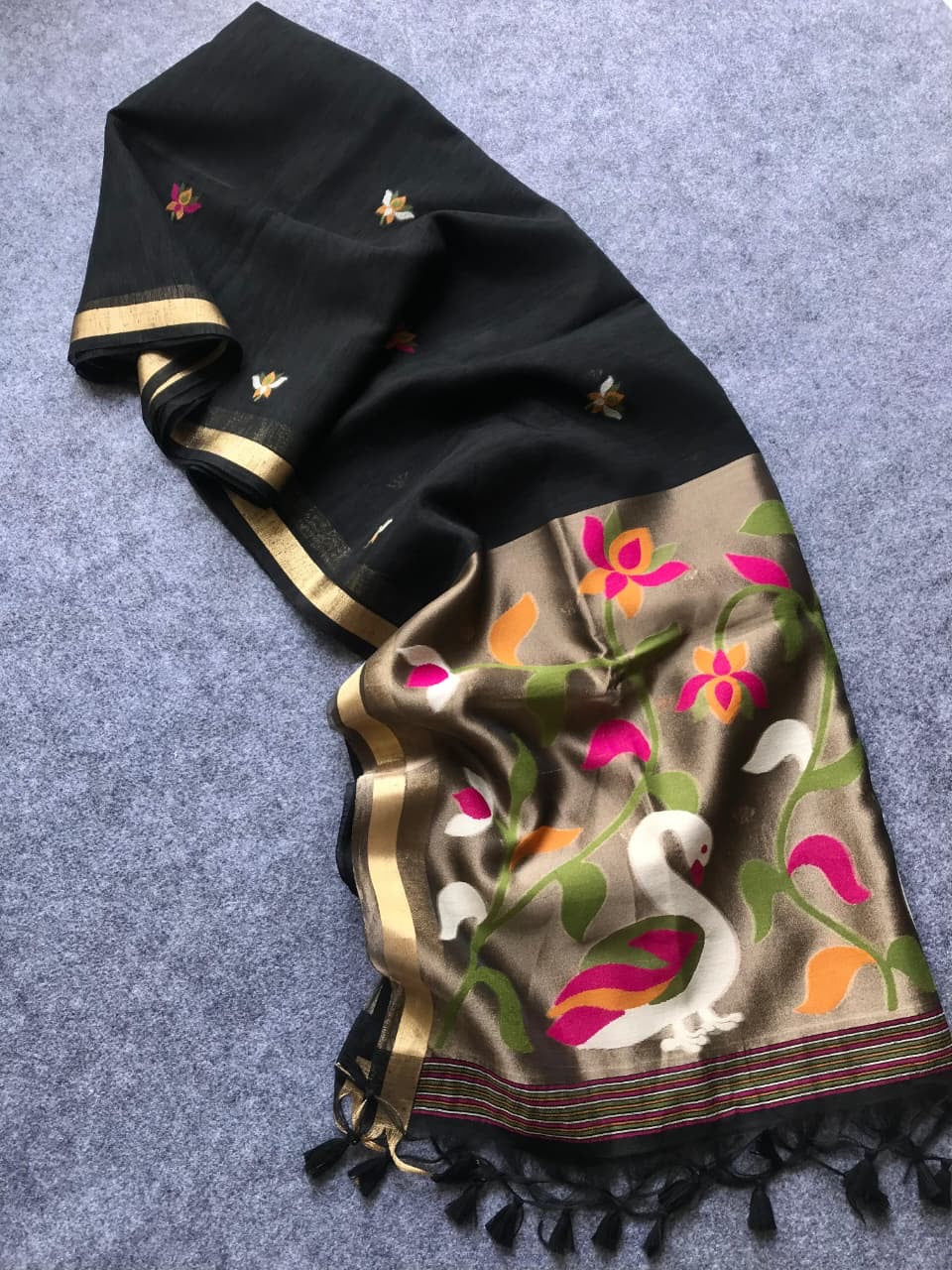 Fancy linen jamdani silk sarees with paithani pallu