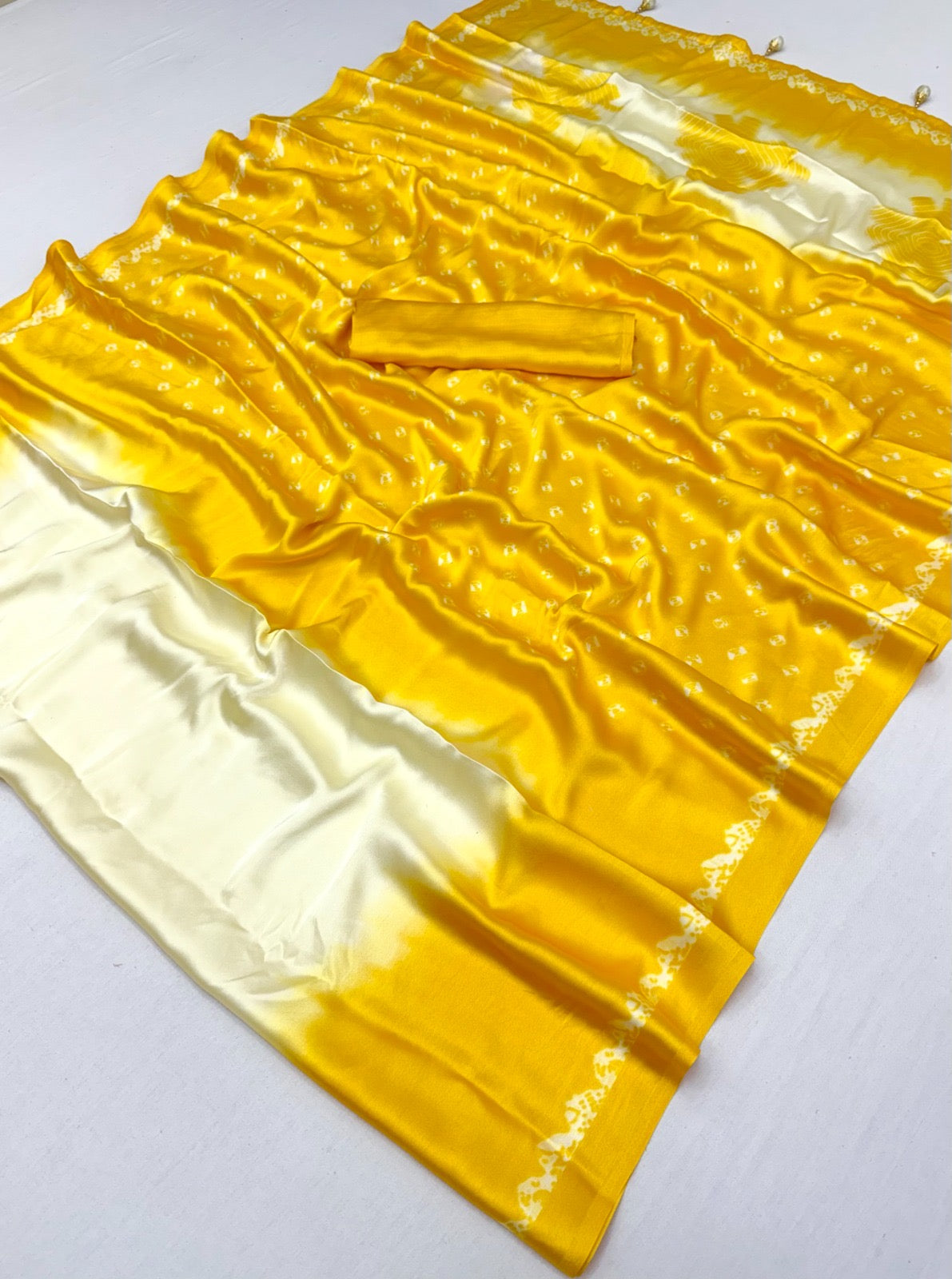 Shaded satin crepe silk sarees with bandini pallu unstitched blouse
