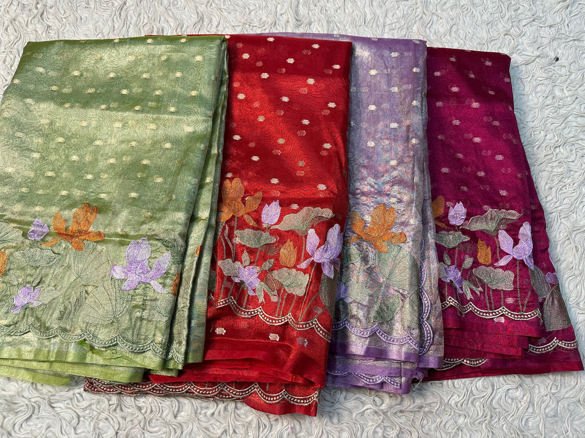 Banaras tissue silk sarees with scalloped applique embroidery