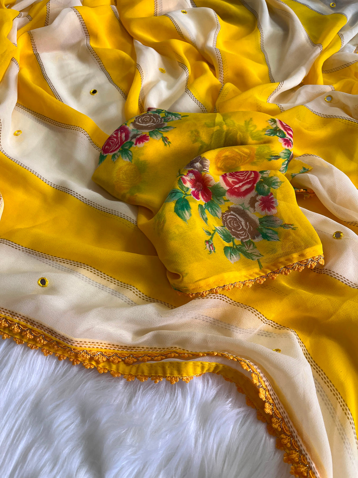 Georgette mirror work saree with floral blouse