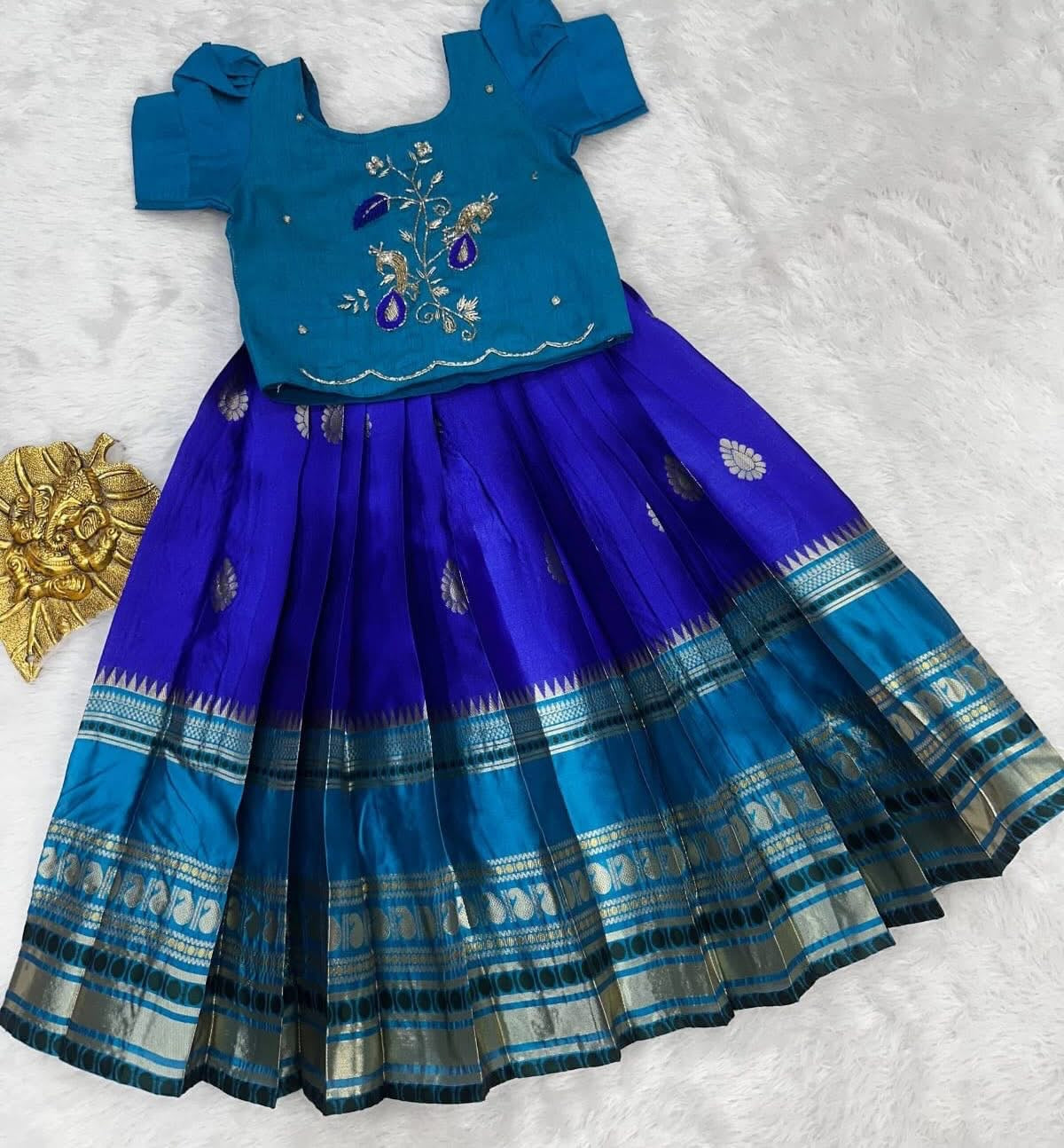 Kids banaras soft silk fully stitched lehangas (1-15 years)