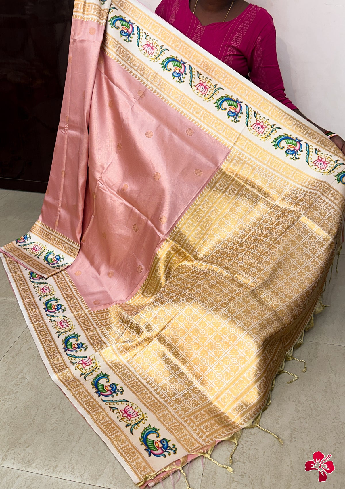 Fancy semi kanjeevaram silk saree with tanjore print