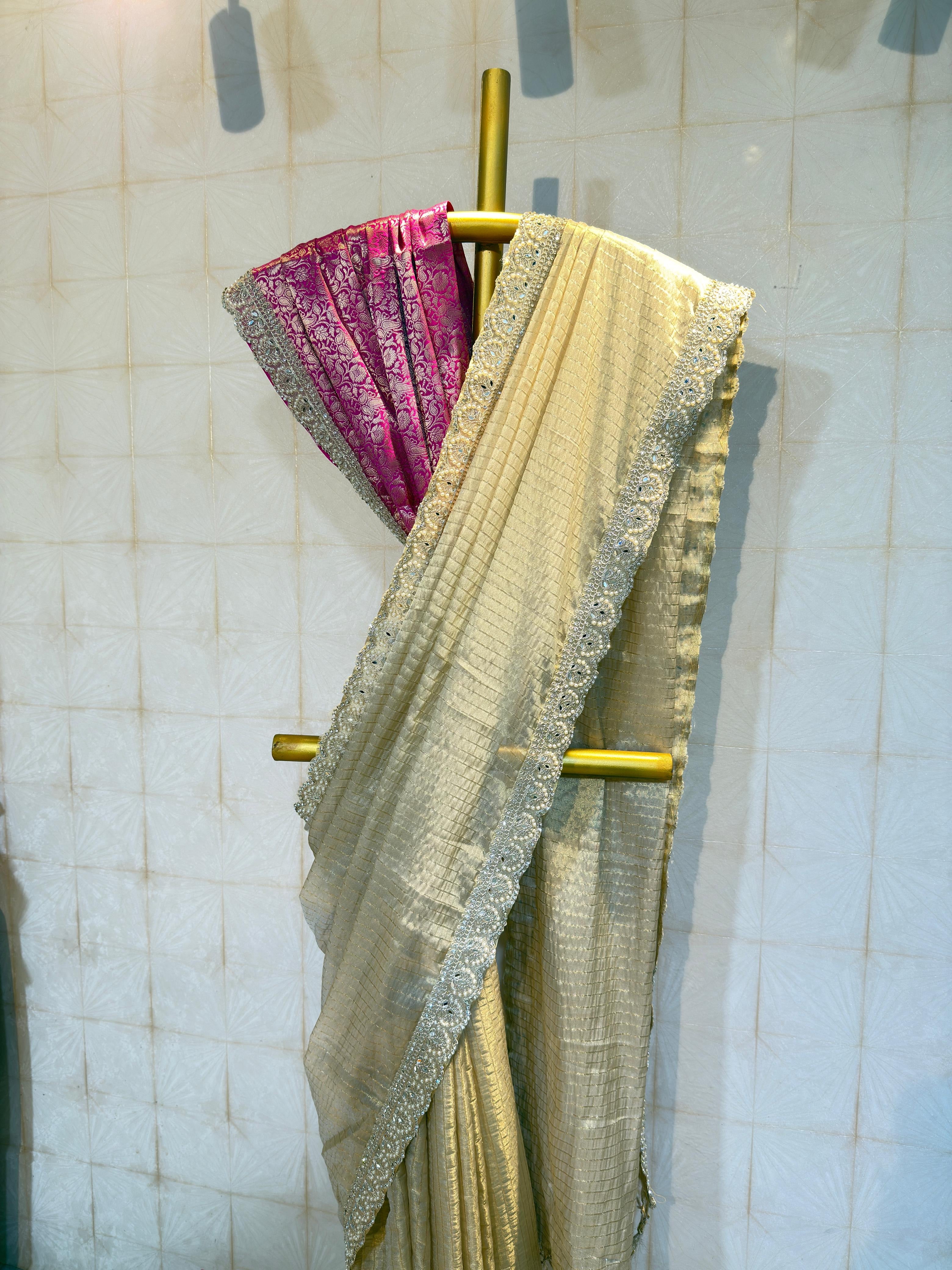 Designer banaras checkered tissue silk saree with rich scalloped borders and banaras blouse