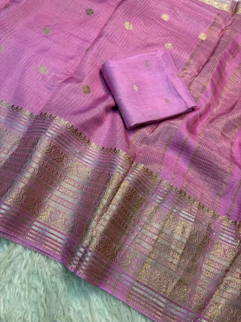 Vintage banaras crepe silk sarees in checkered weaving rich pallu and blouse