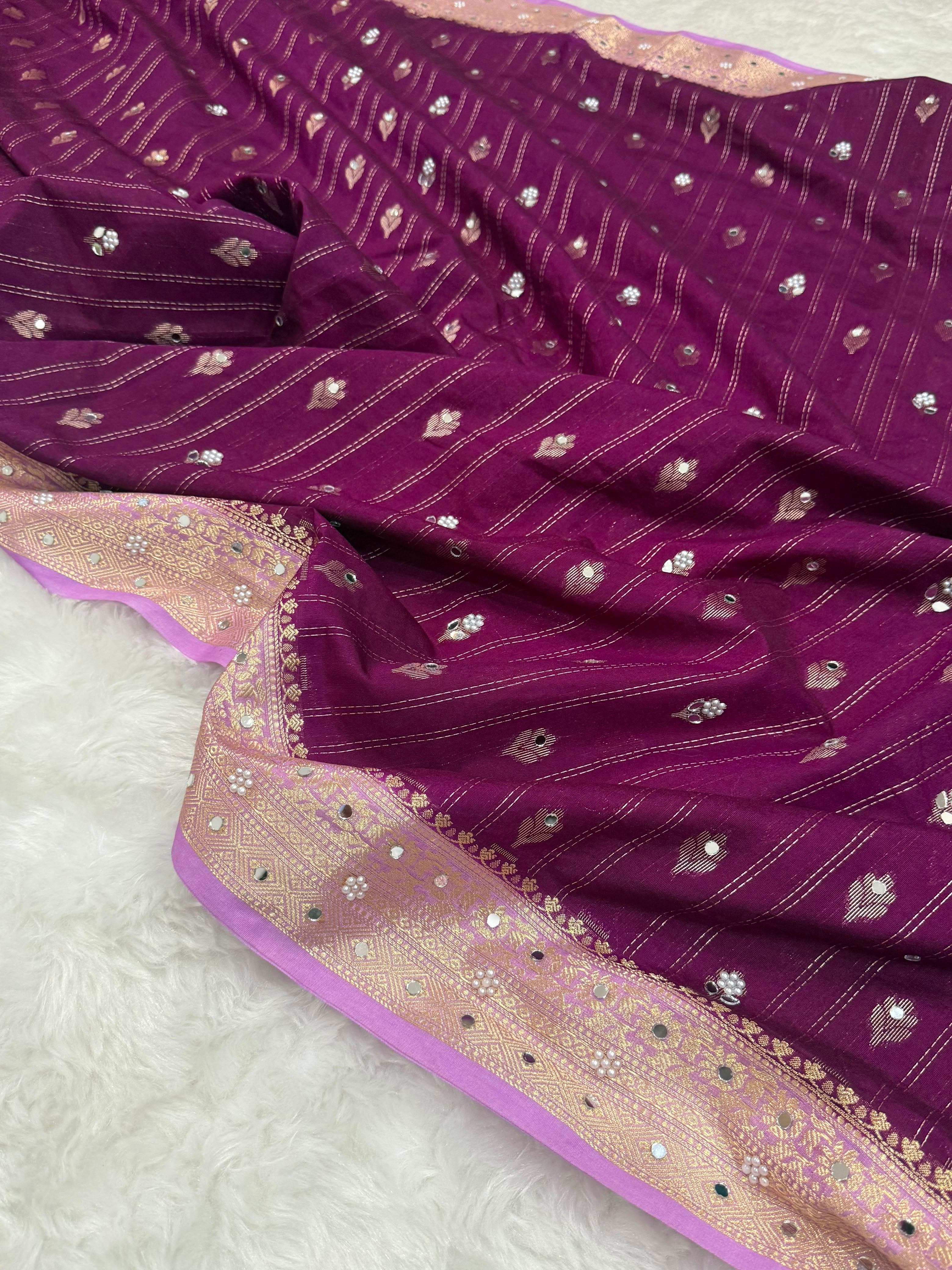 Vintage banaras soft silk sarees with pearl and mirrors designing