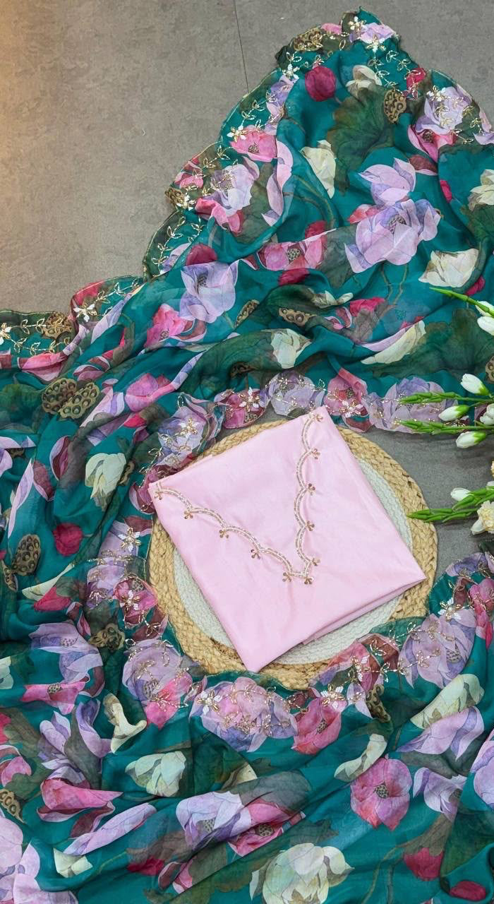 Floral designer organza saree with scalloped handwork and rich blouse