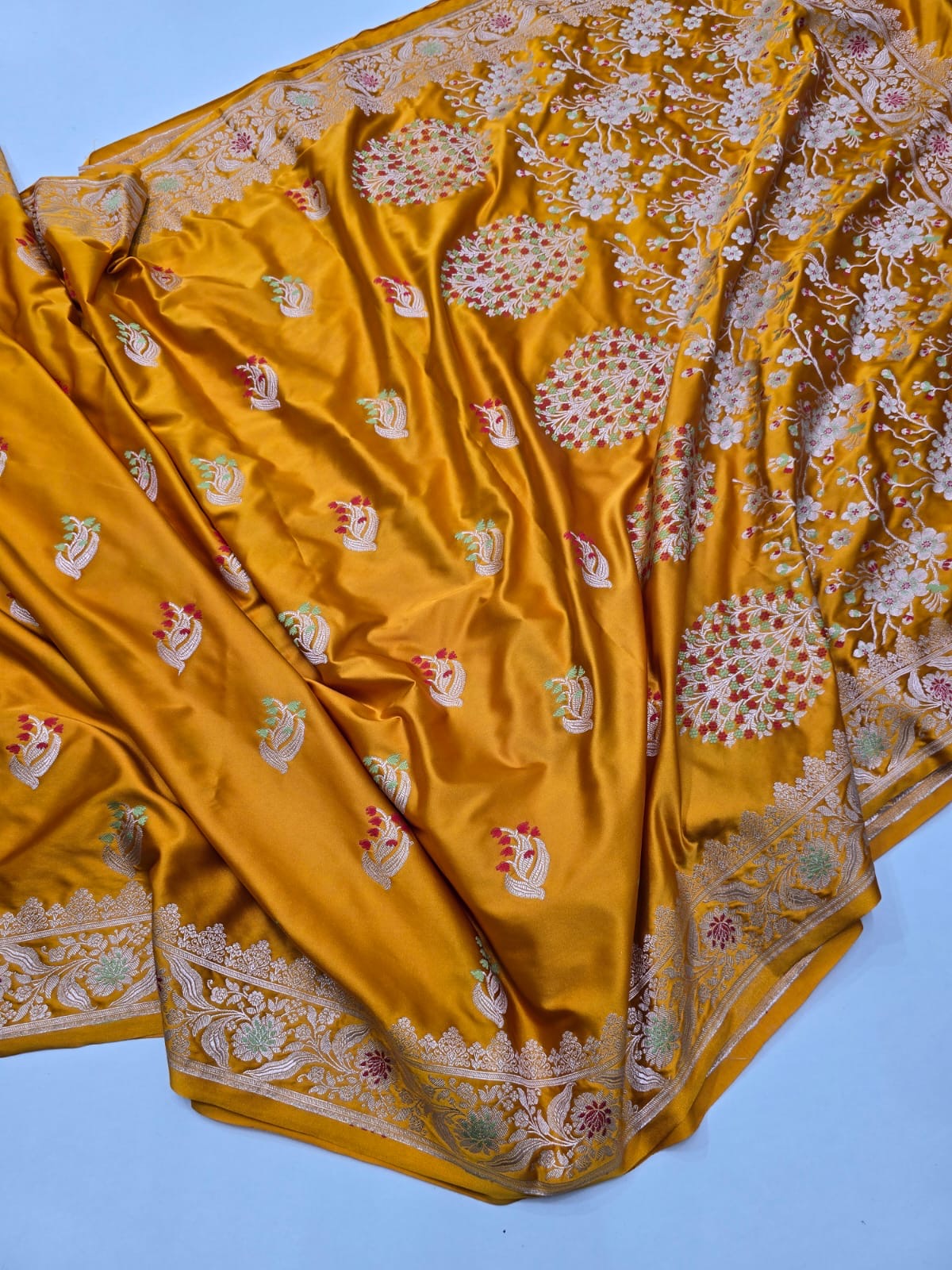 Banaras mashru satin silk sarees with meenakari weaving allover