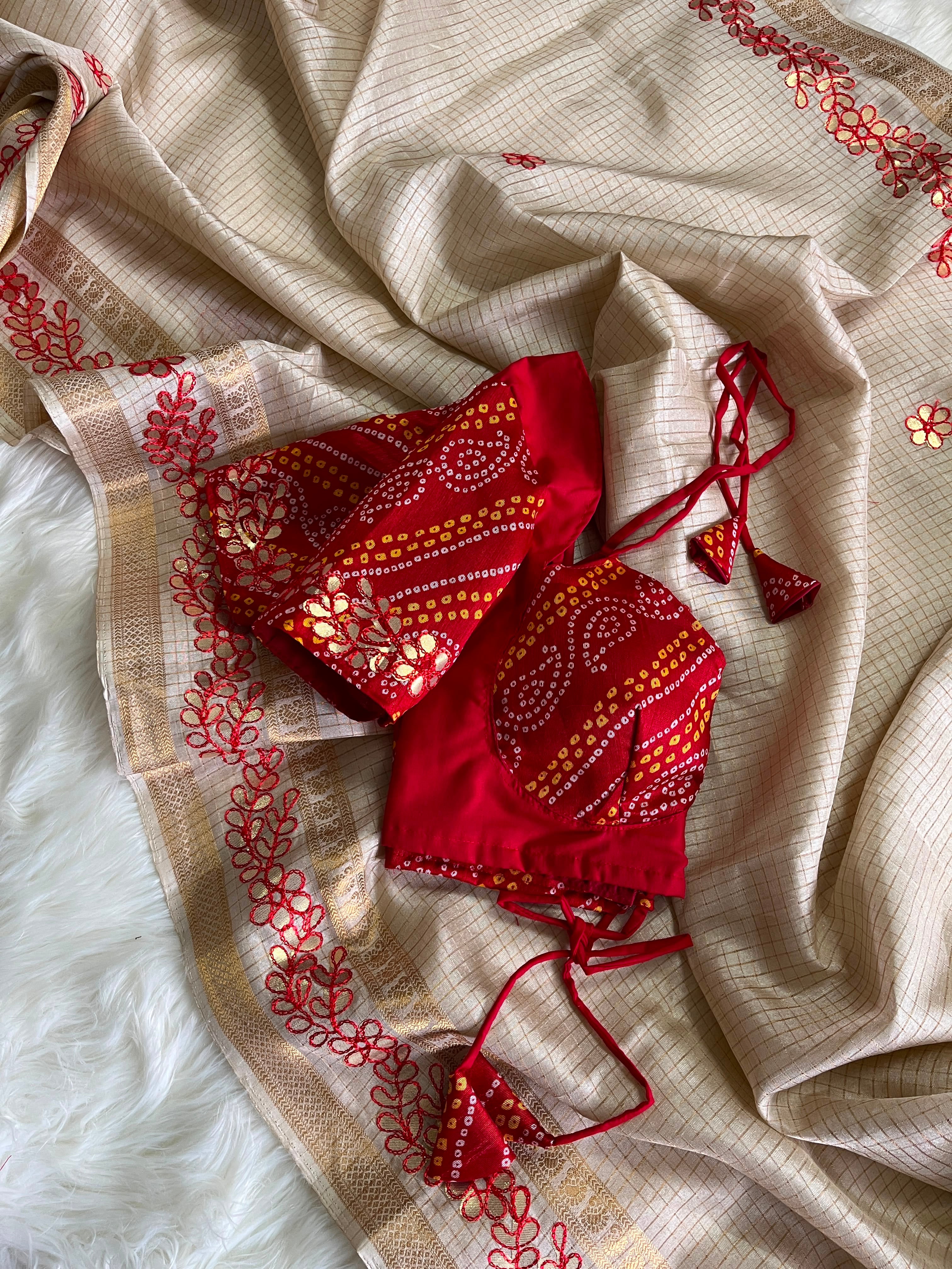 Exclusive fancy tissue checkered silk saree with gottawork and fully stitched blouse ! Dispatch time 5-7 days