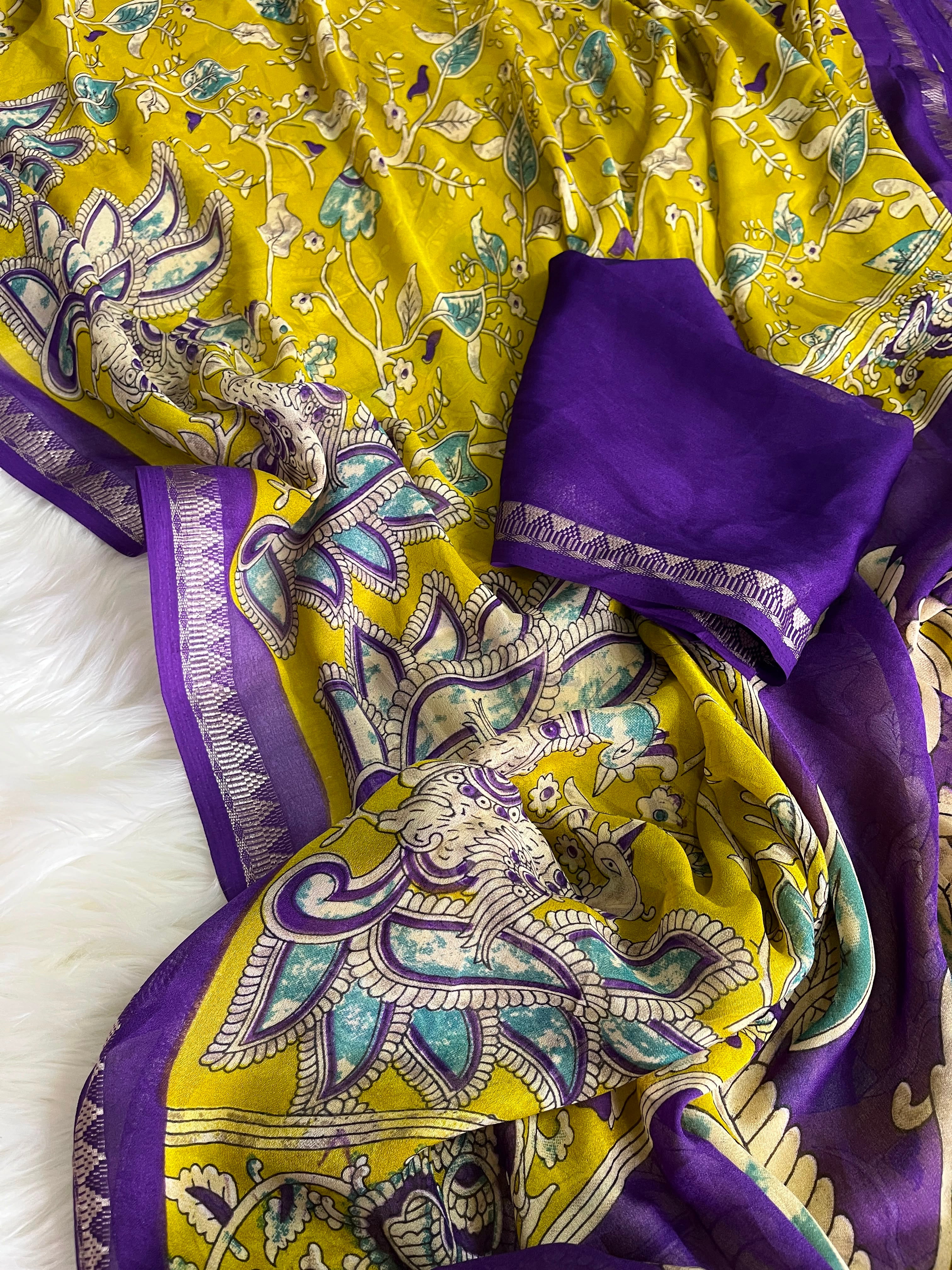 Kalamkari soft silk saree with unique combination unstitched blouse