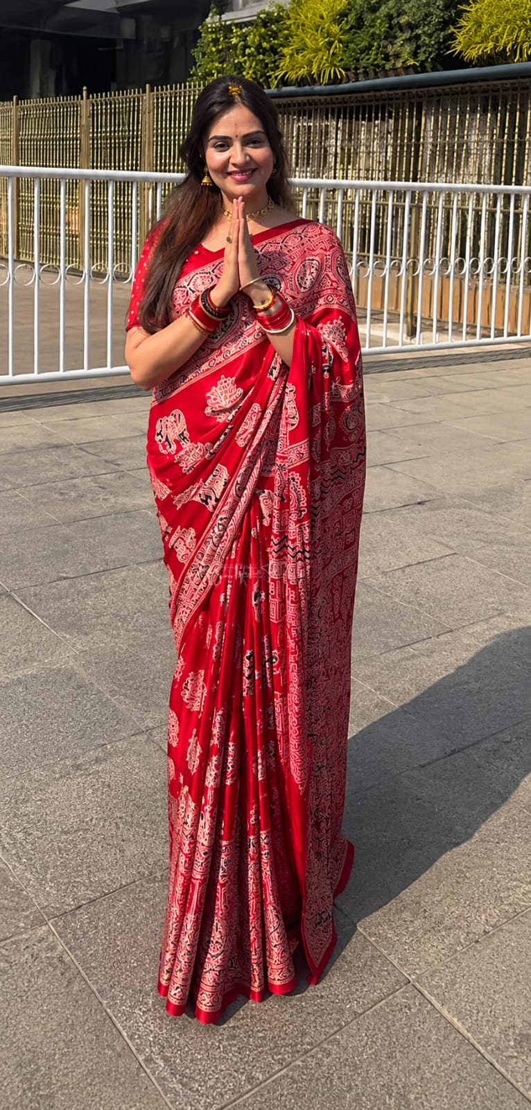 Fancy ajrakh crepe silk sarees with mirrors allover