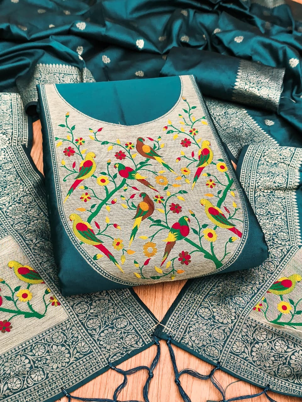 Fancy paithani 3 piece unstitched dress materials