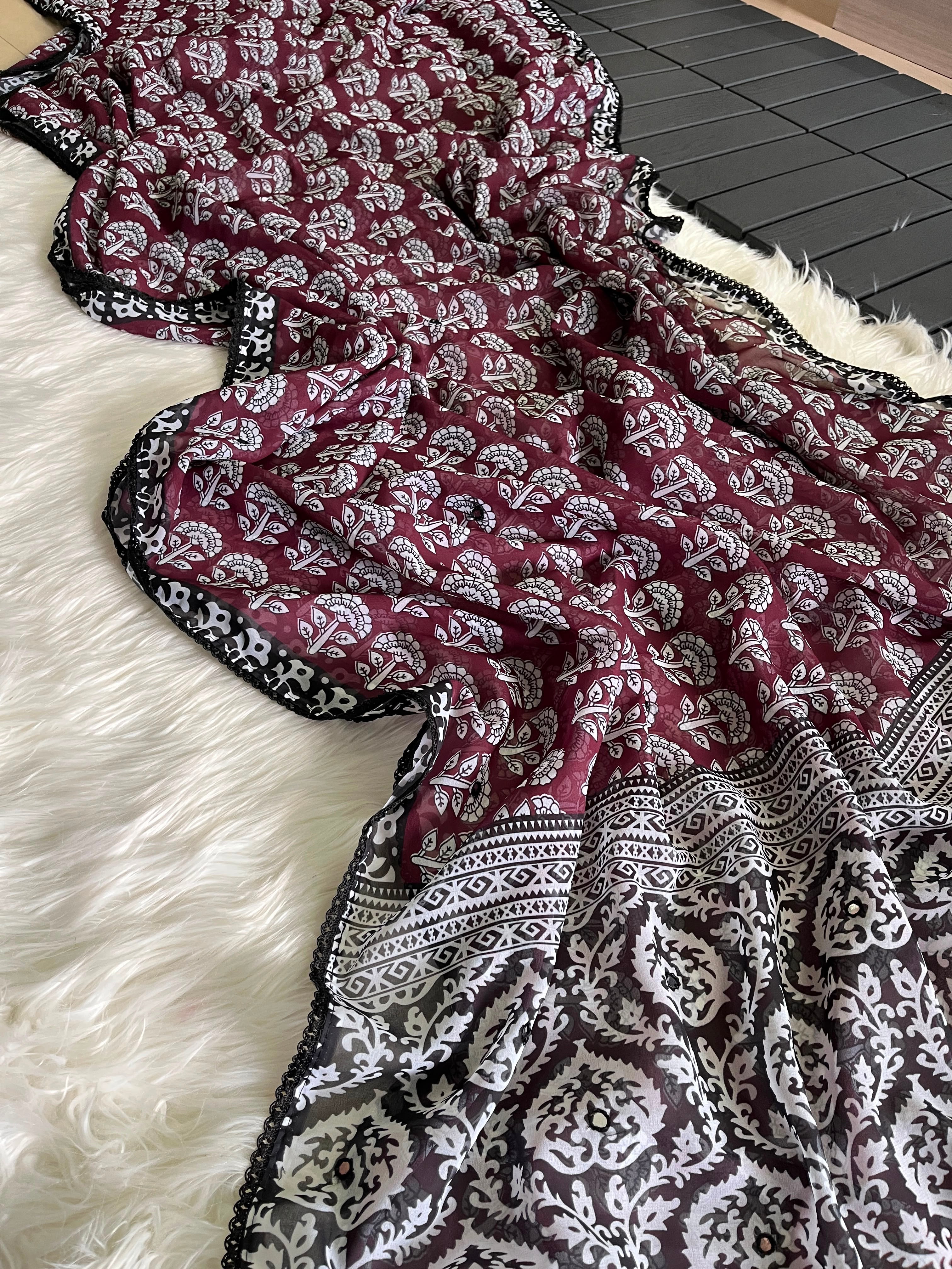 Georgette designer sarees with crochet borders and blouse