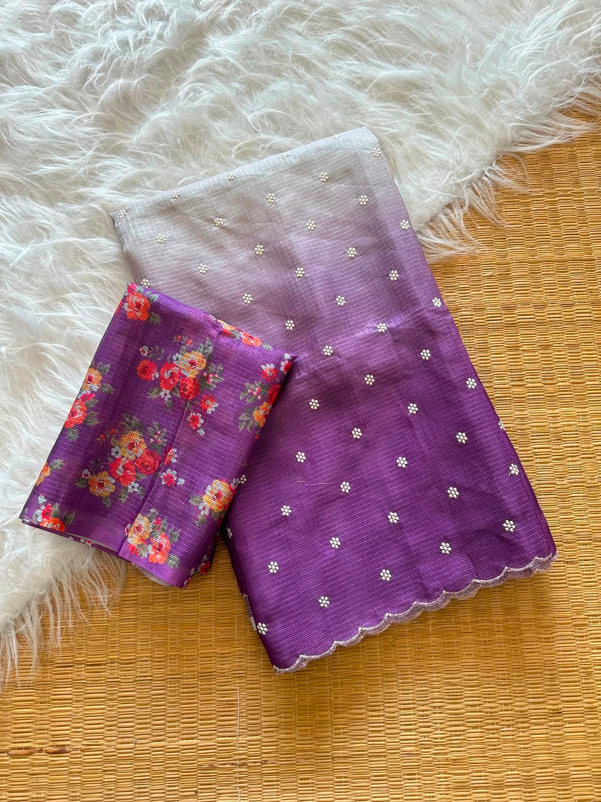 Shaded kota sarees with floral blouse scalloped borders