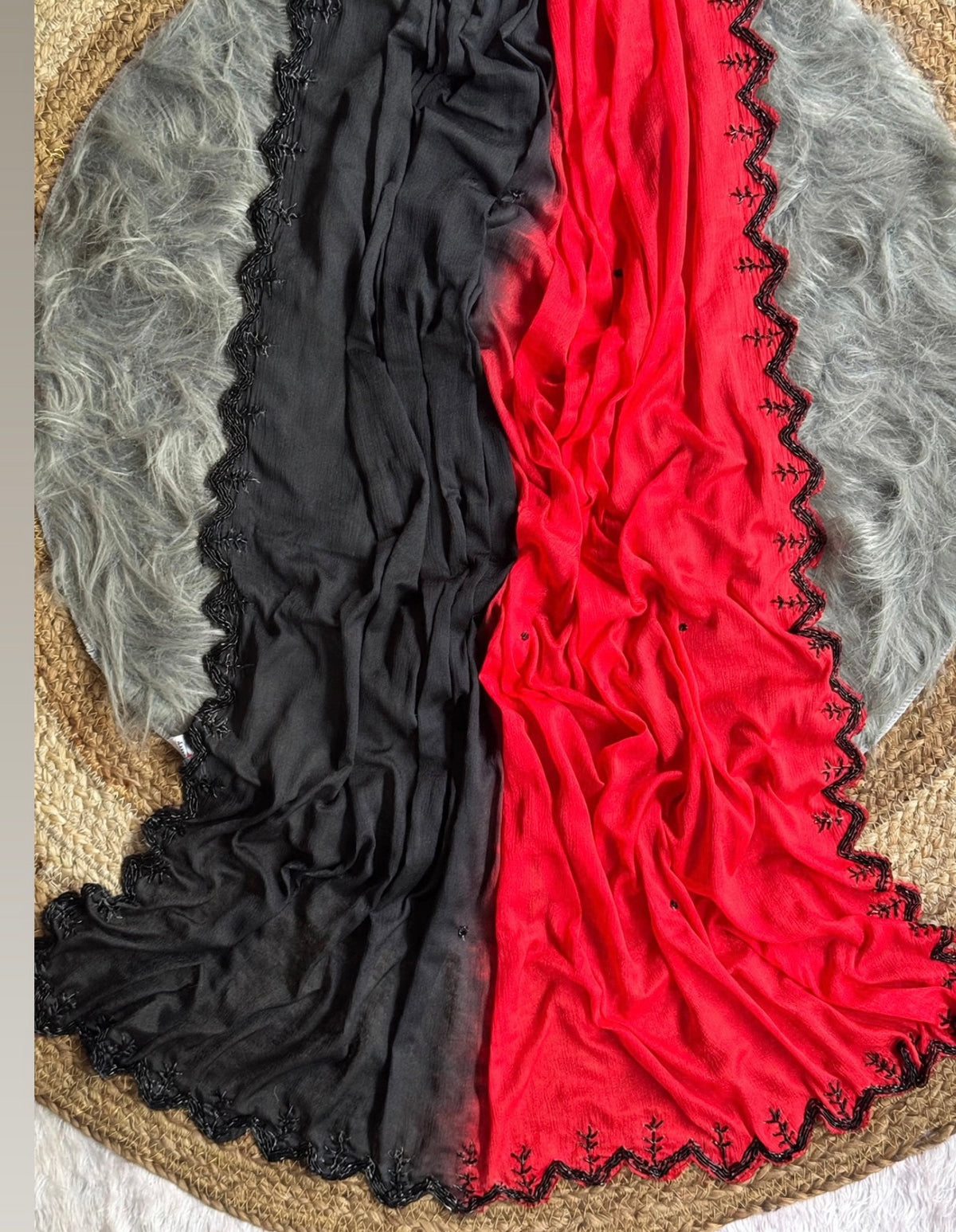 Shaded chinnon sarees with scalloped handwork borders and rich blouse handwork