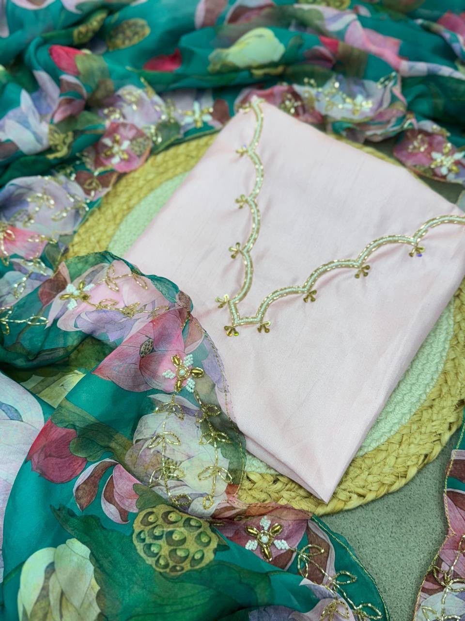 Floral designer organza saree with scalloped handwork and rich blouse
