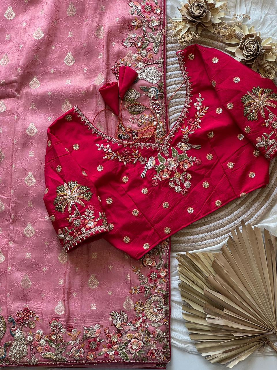 Designed munga silk sarees with intricate embroidery and fully stitched blouse