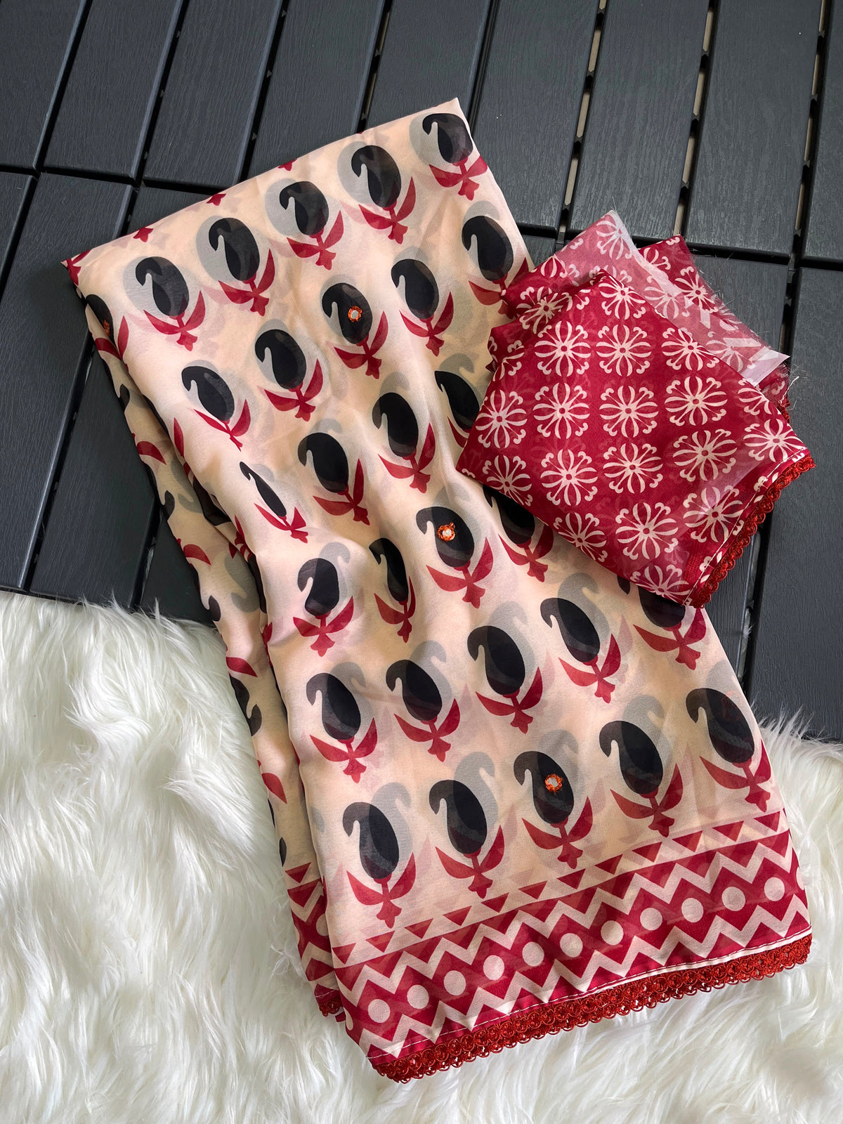 Georgette designer sarees with crochet borders and blouse