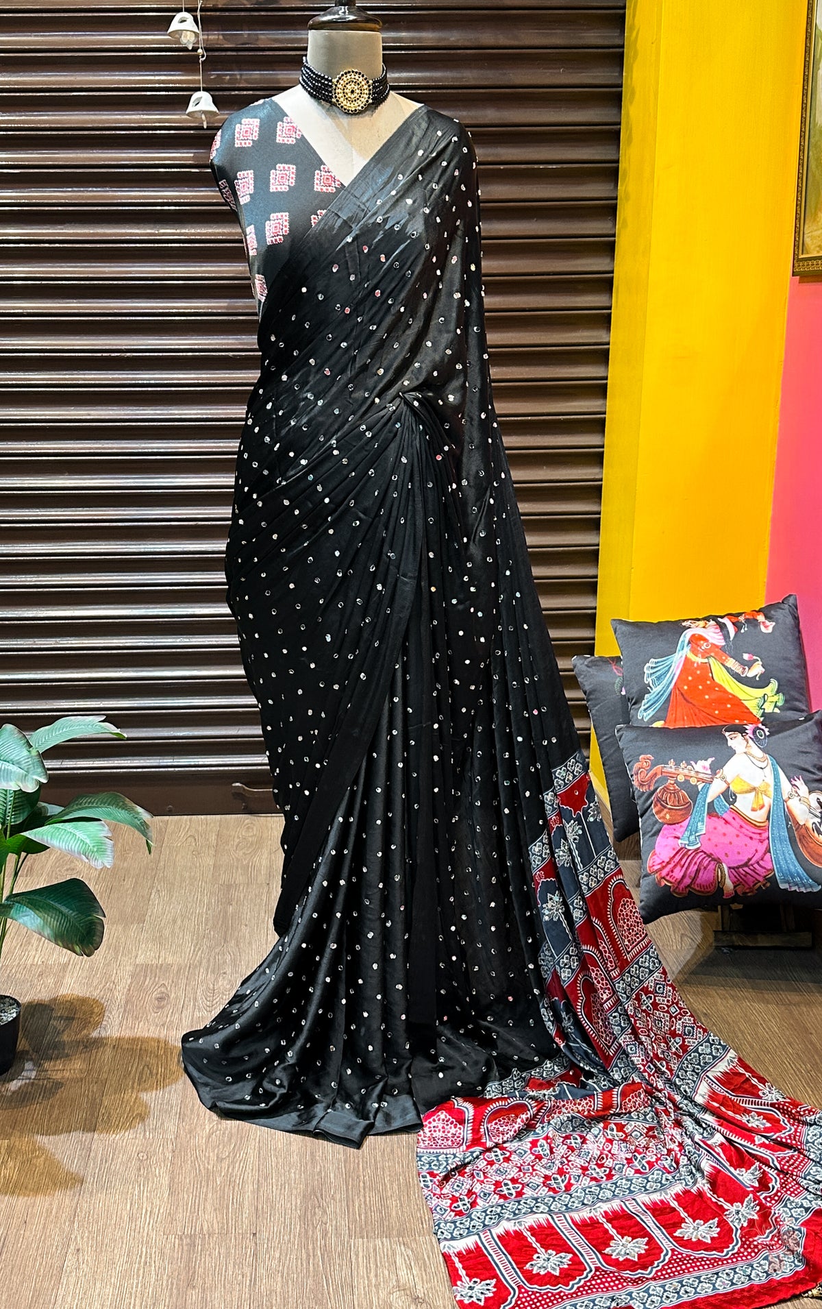 Fancy ajrakh silk sarees with mirrors allover