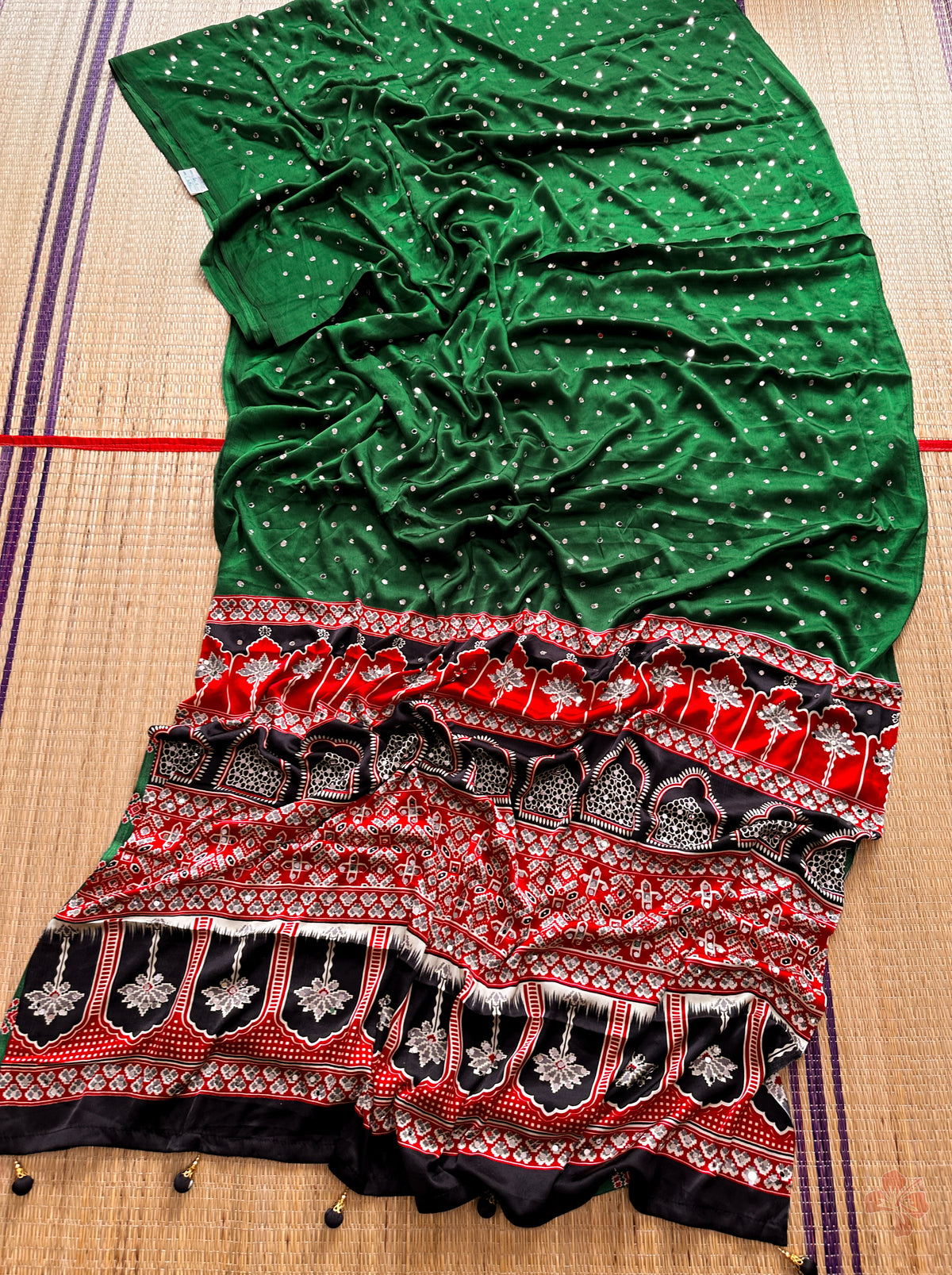 Fancy ajrakh silk sarees with mirrors allover
