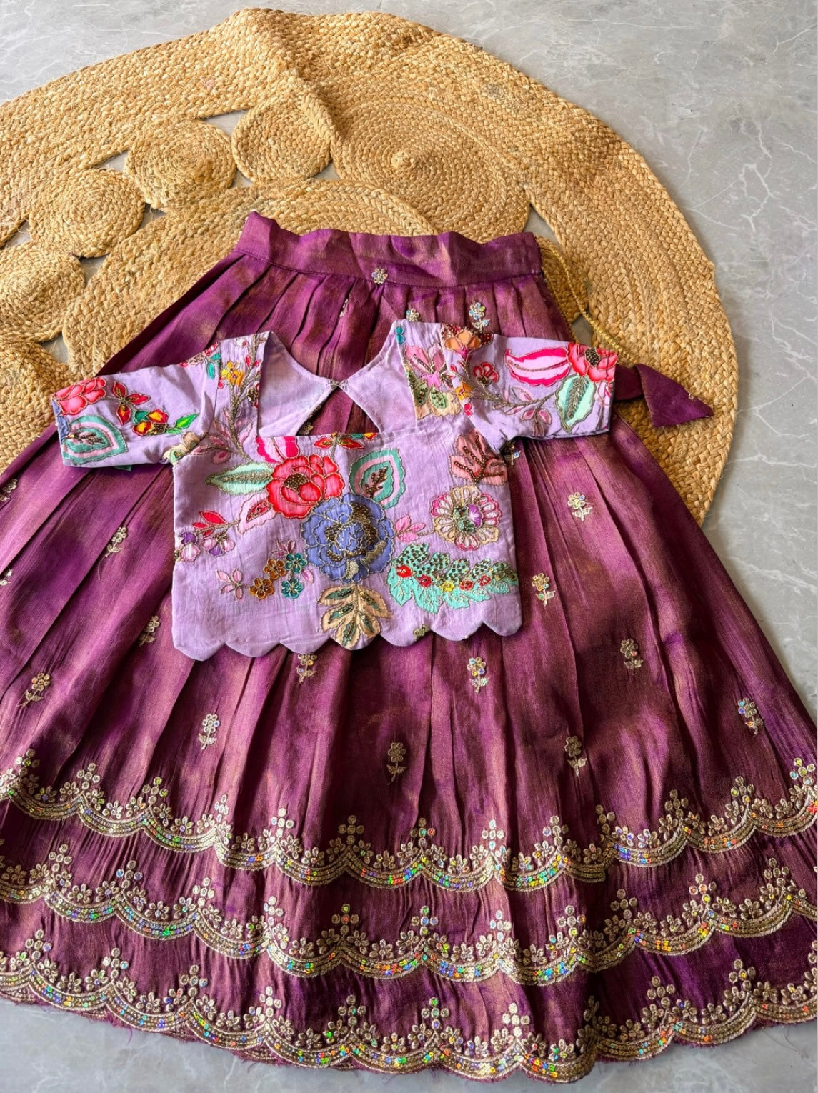 Kids fully stitched tissue silk lehangas with scalloped embroidery and designer blouse (1-16 years )