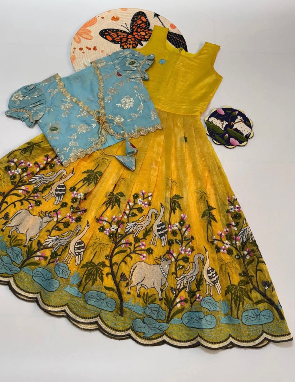 Tissue silk embroidery dress with overcoat kids (1-15 years )