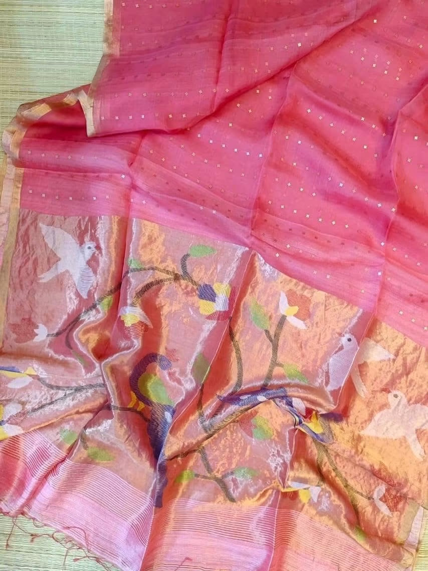 Handloom pure muslin jamdani silk sarees with paithani weaving pallu