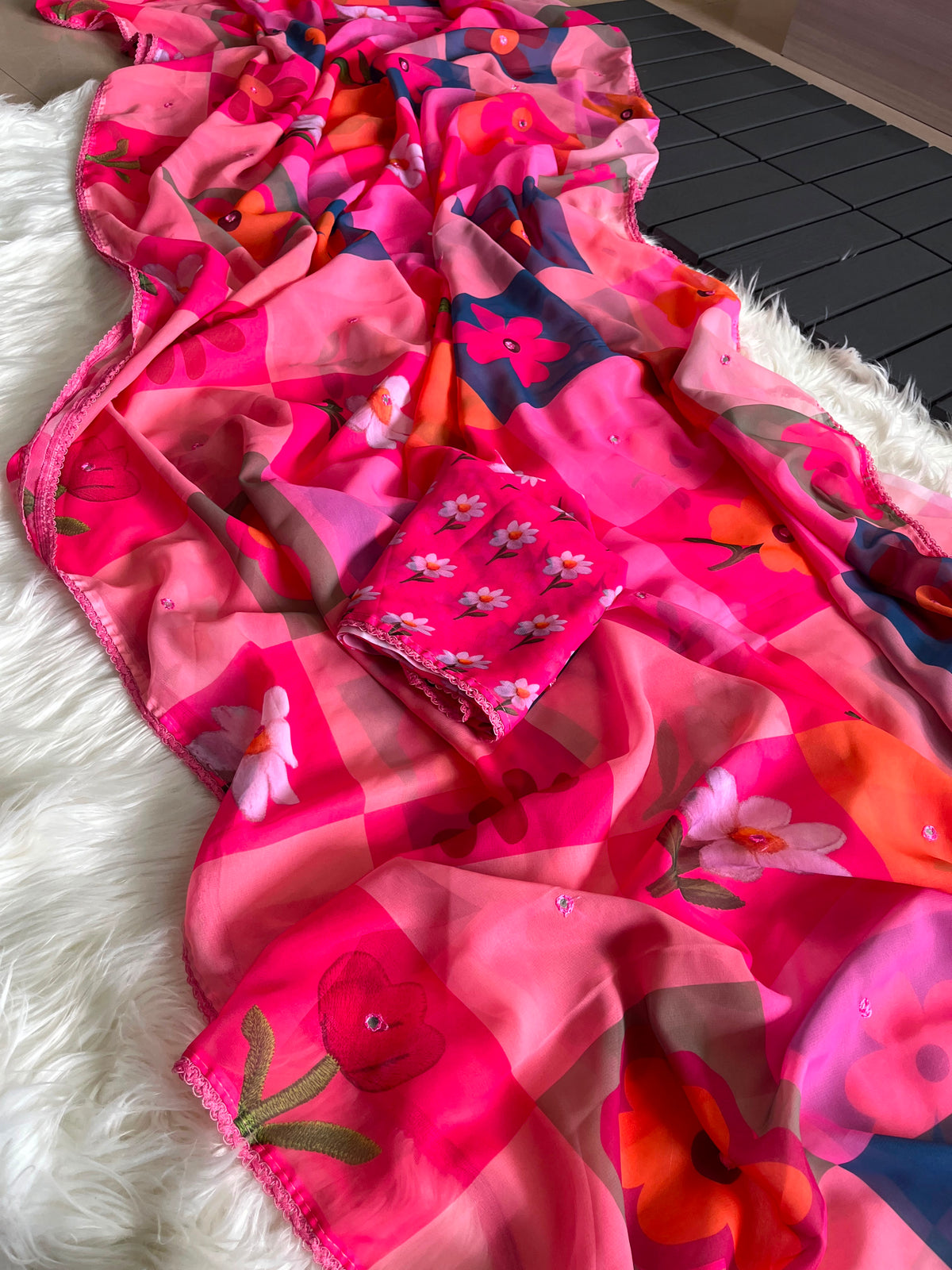 Georgette designer sarees with crochet borders and blouse