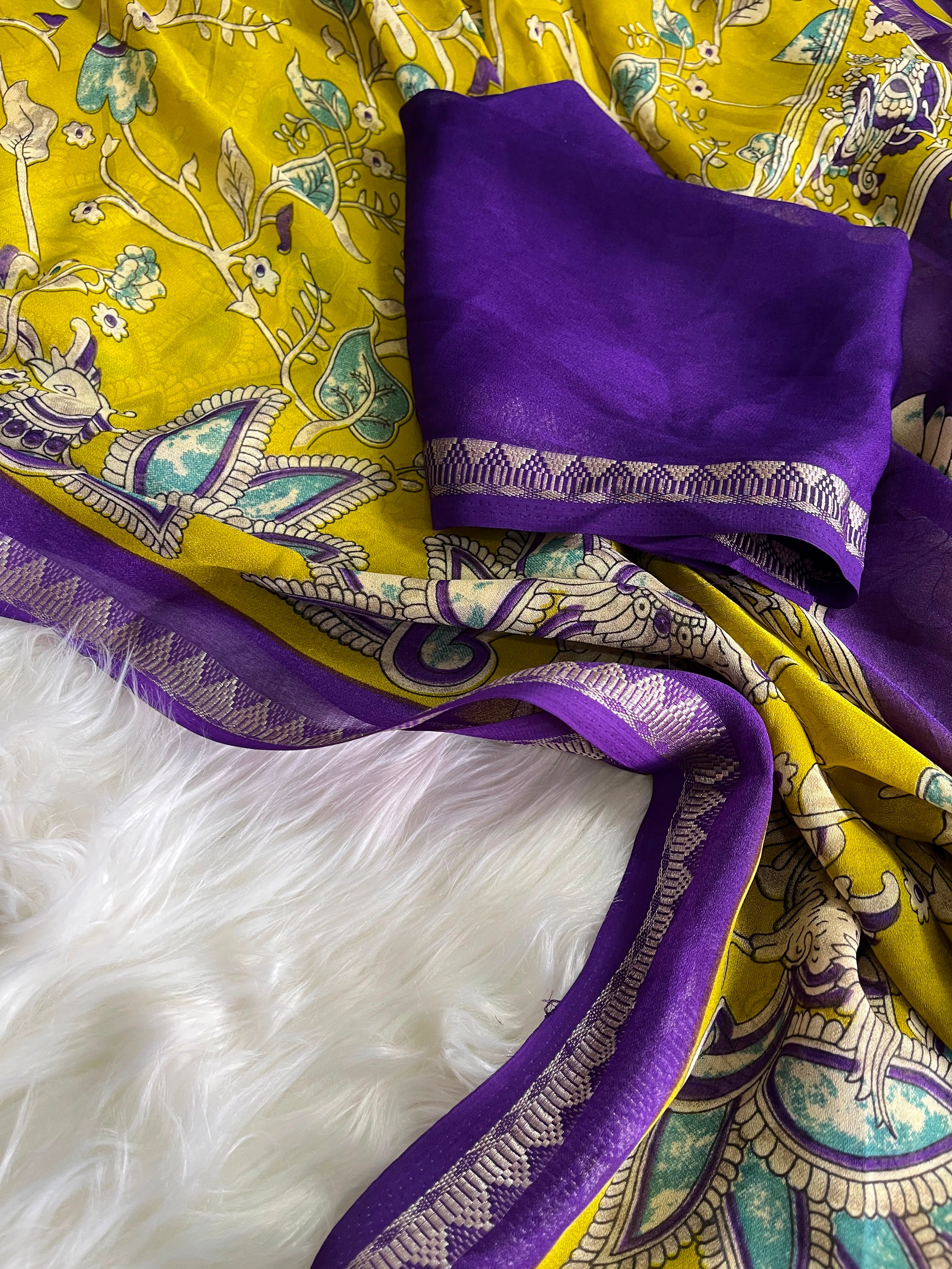 Kalamkari soft silk saree with unique combination unstitched blouse