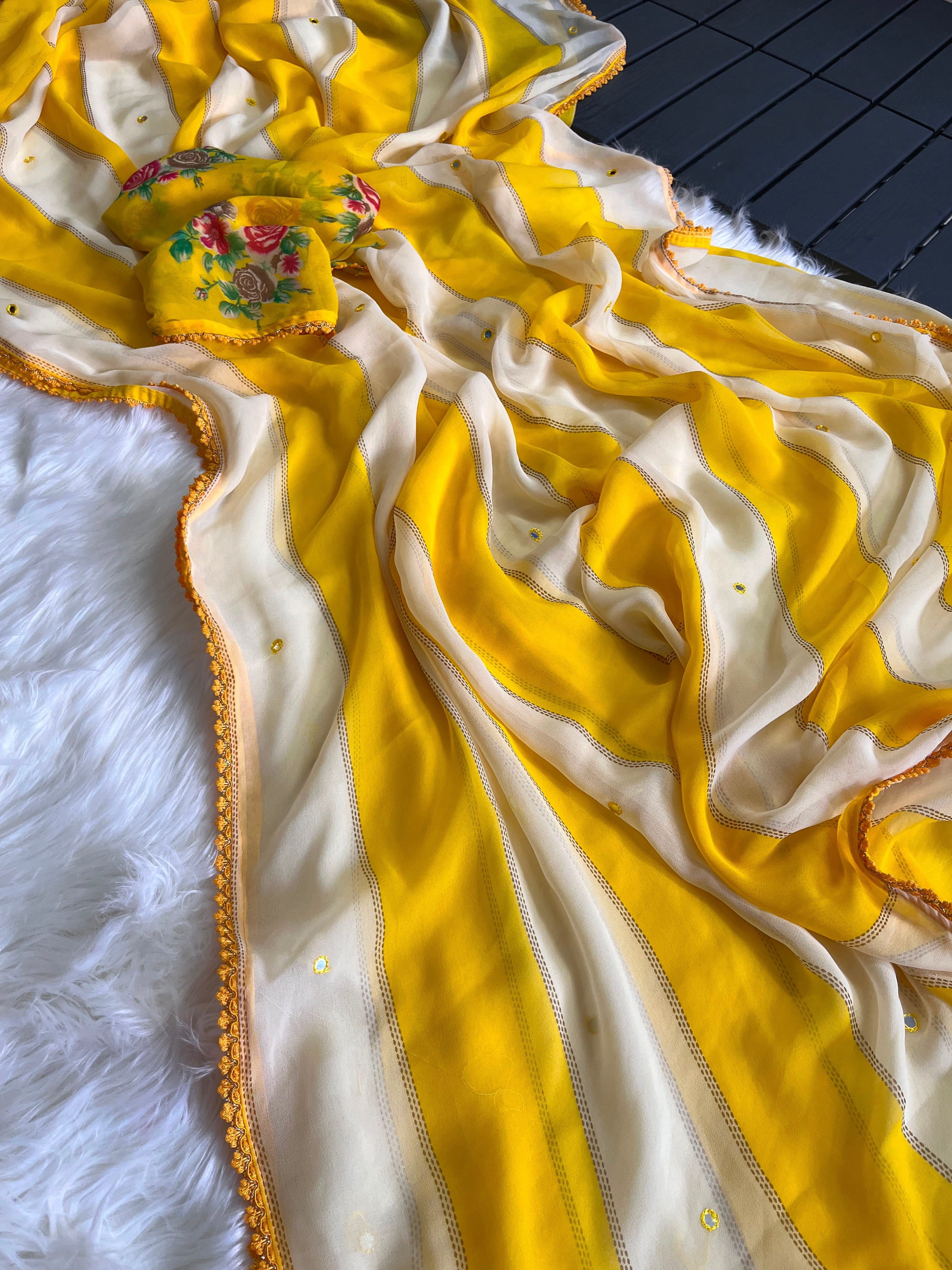 Georgette mirror work saree with floral blouse