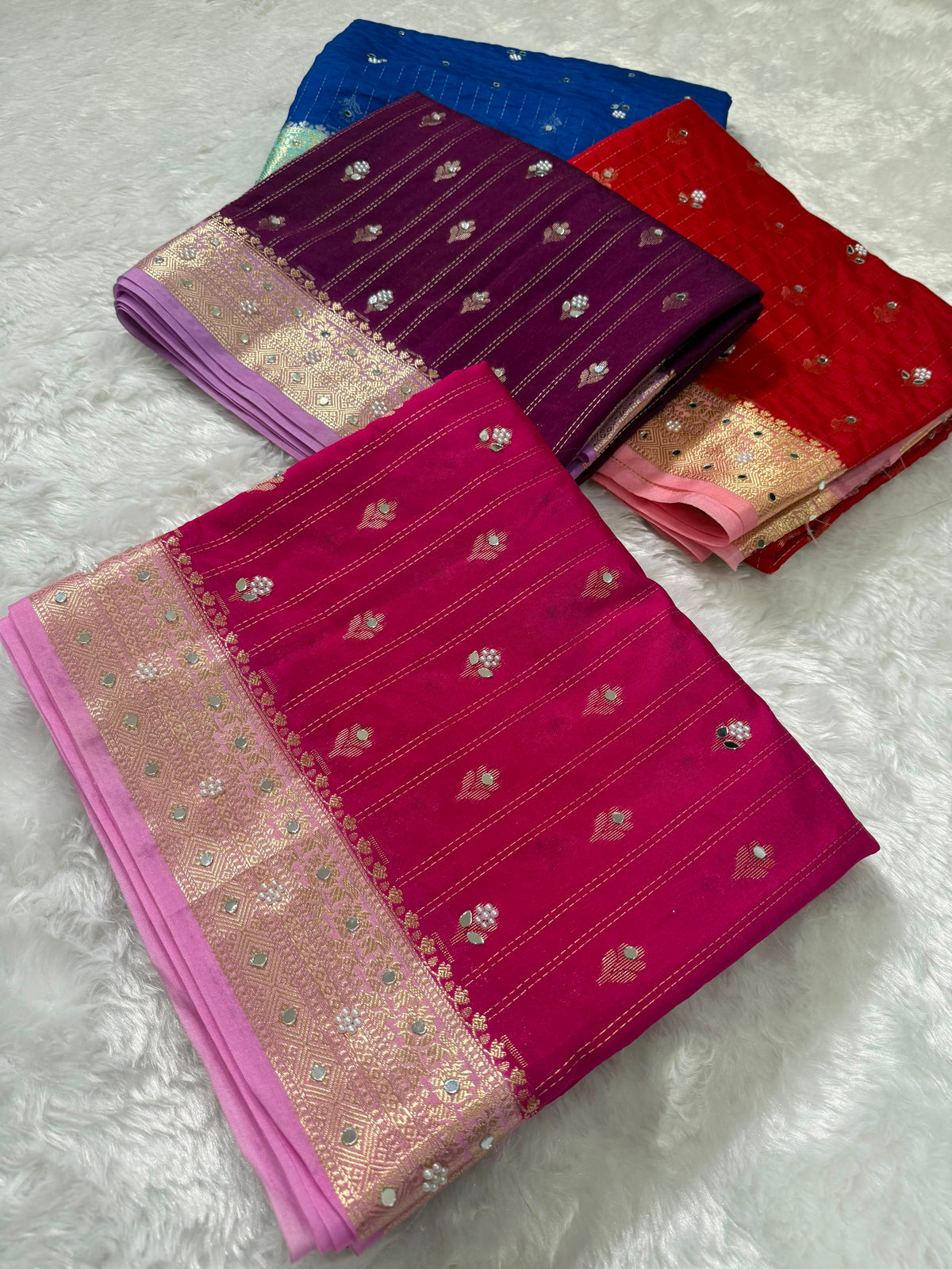Vintage banaras soft silk sarees with pearl and mirrors designing