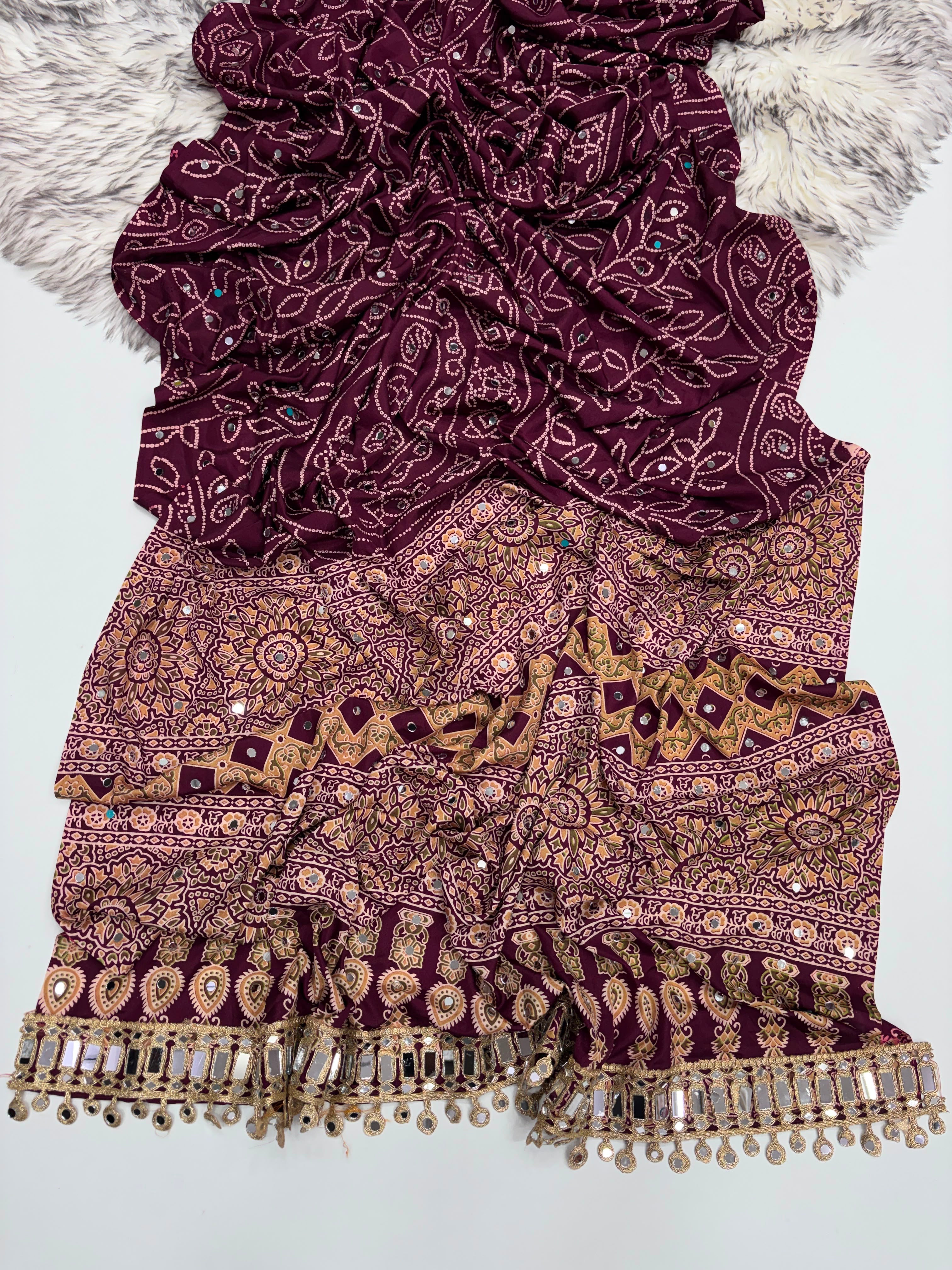 Fancy bandini ajrakh silk sarees with mirrors allover