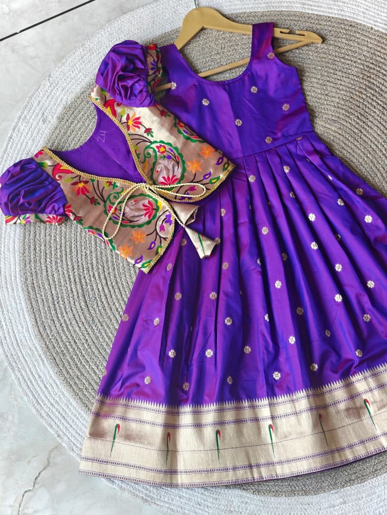 Kids fully stitched fancy paithani soft silk dresses with jacket  (1-16 years)