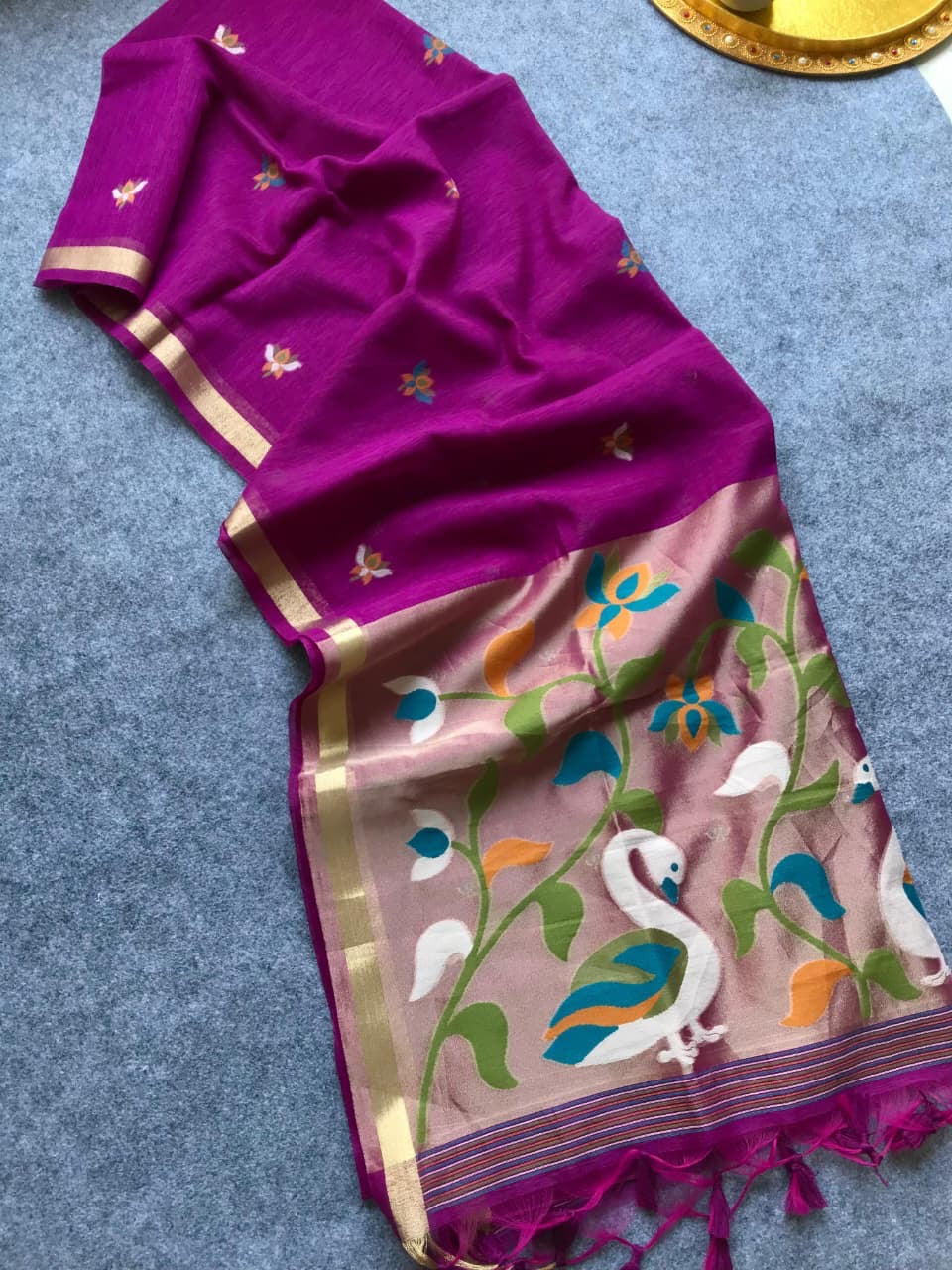 Fancy linen jamdani silk sarees with paithani pallu
