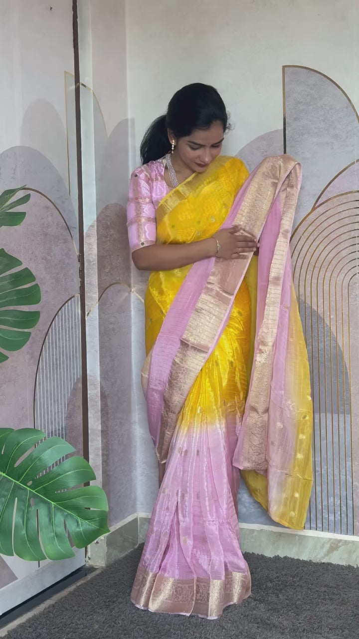 Exclusive shaded banaras crepe silk sarees with intricate weaving and unstitched rich bandini blouse