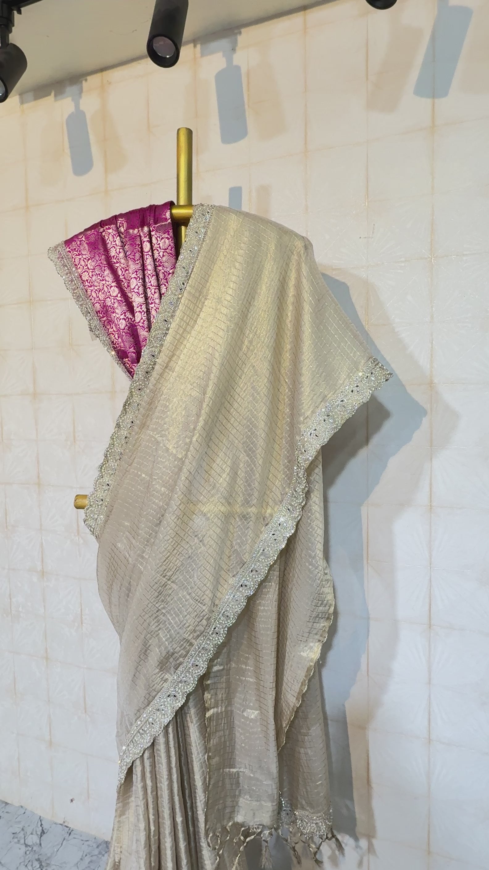 Designer banaras checkered tissue silk saree with rich scalloped borders and banaras blouse