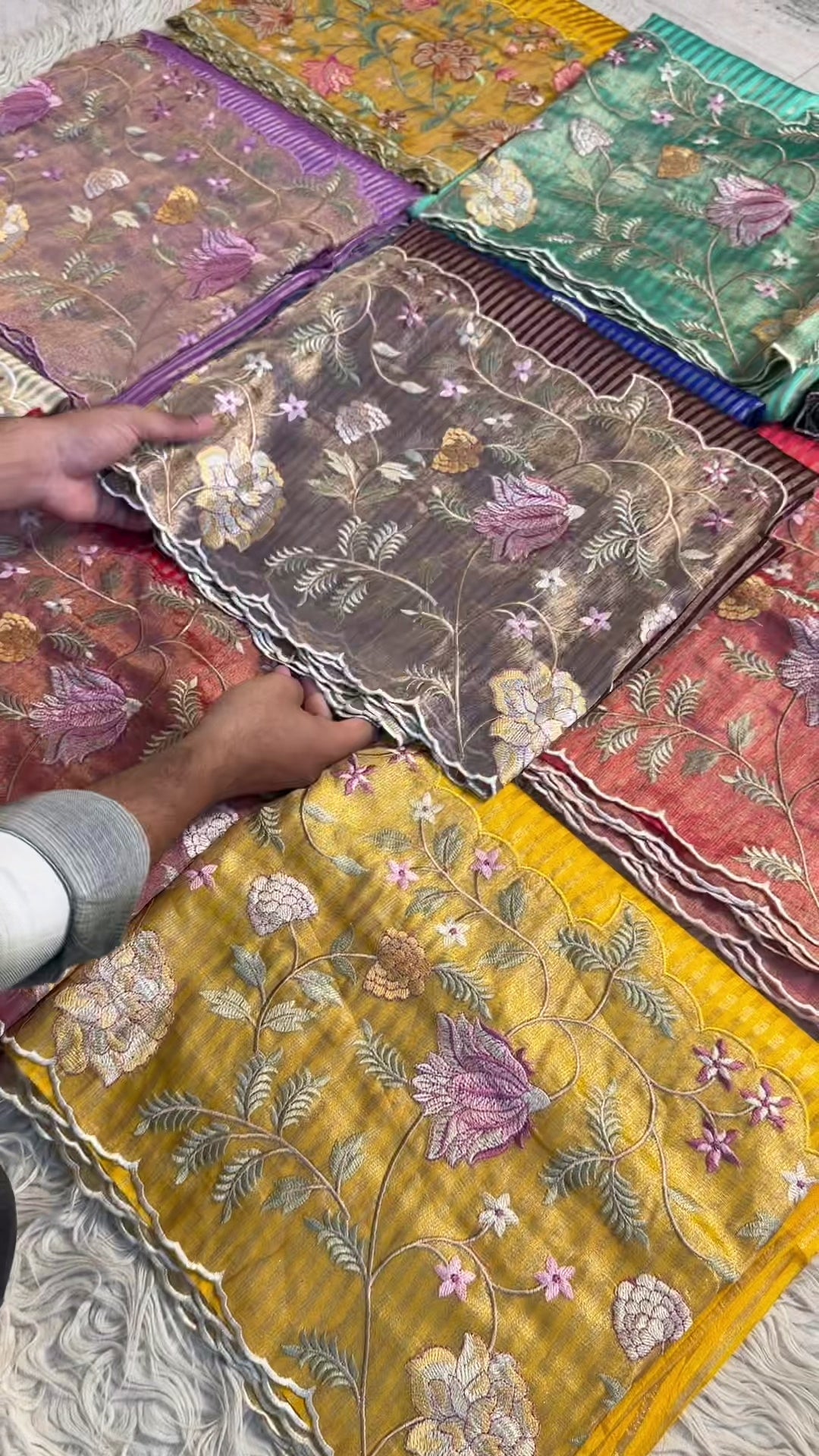 Exclusive banaras tissue stripes sarees with applique scalloped embroidery