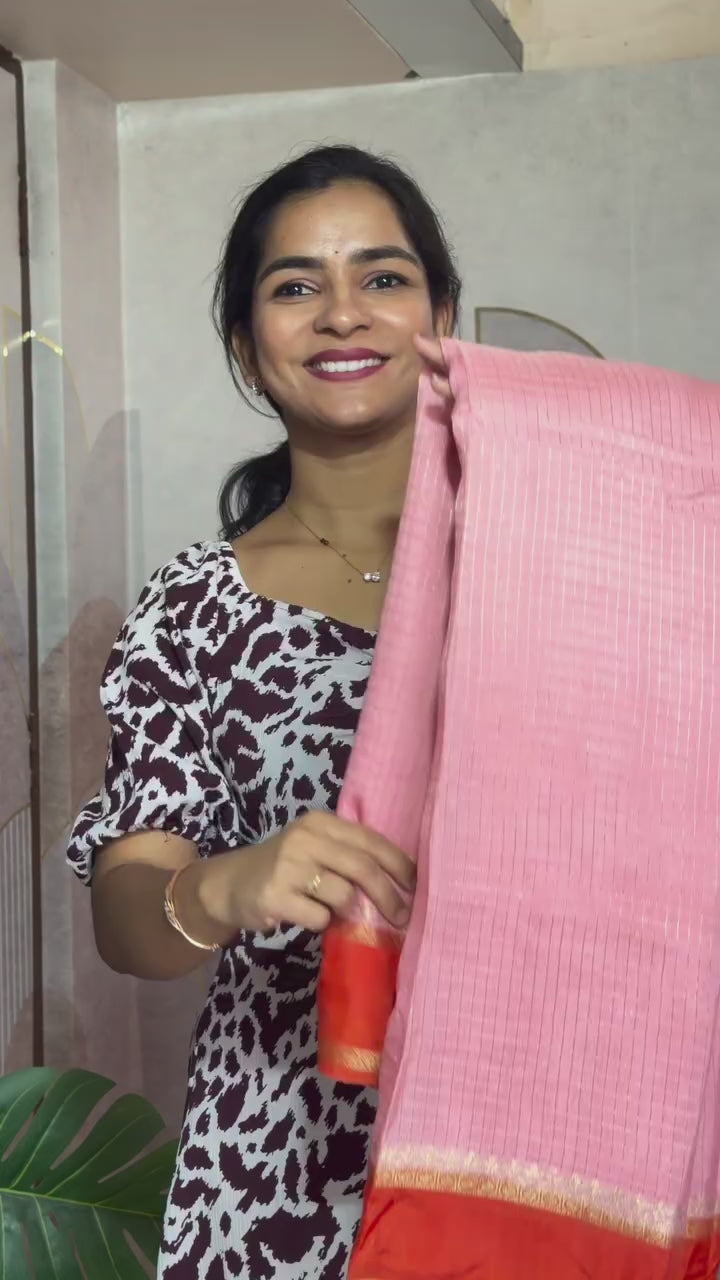 Exclusive banaras crepe silk sarees with checkered weaving gap borders and rich unstitched banaras blouse